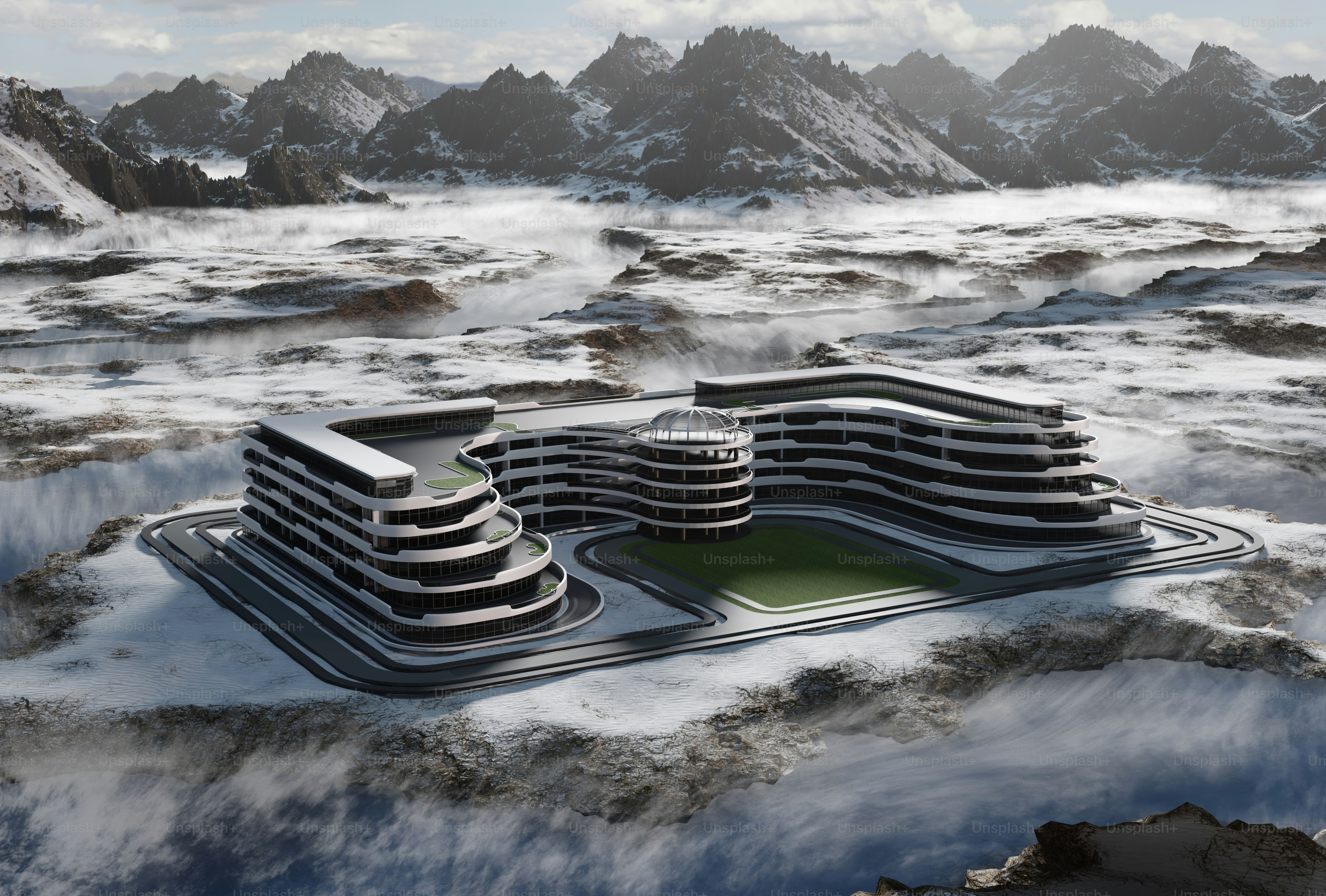 Un edificio futurista en medio de una cordillera