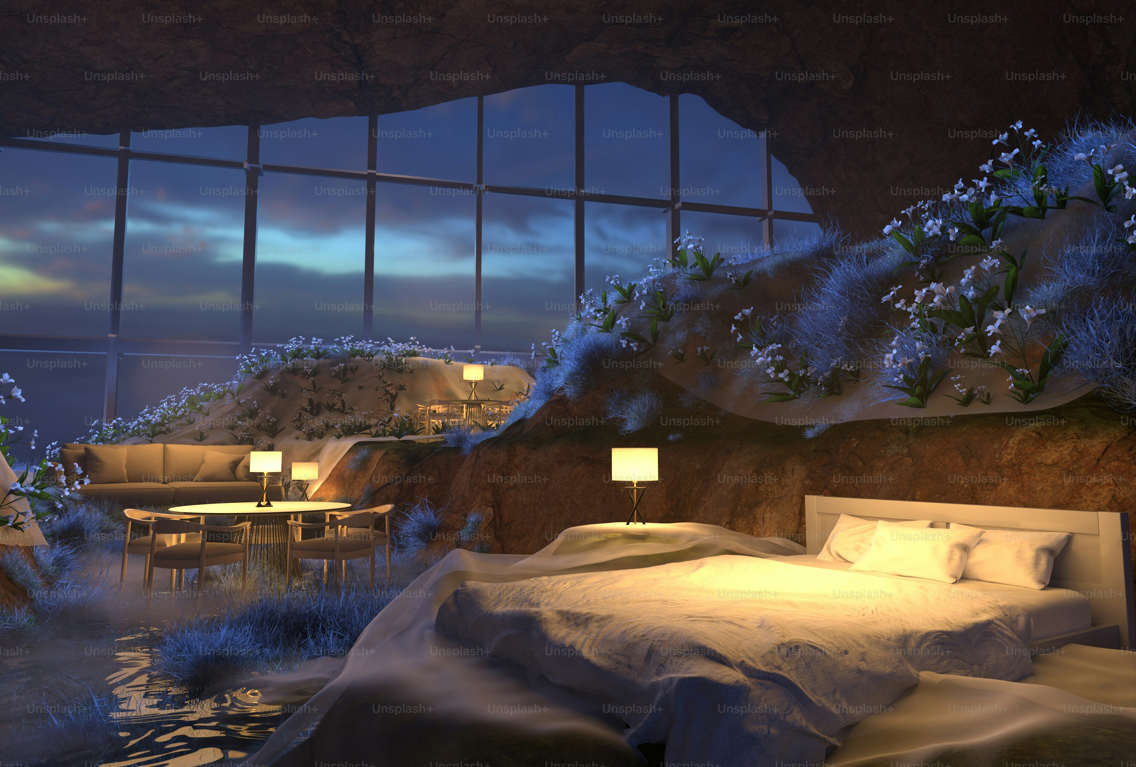 Un dormitorio con un gran ventanal con vistas al agua