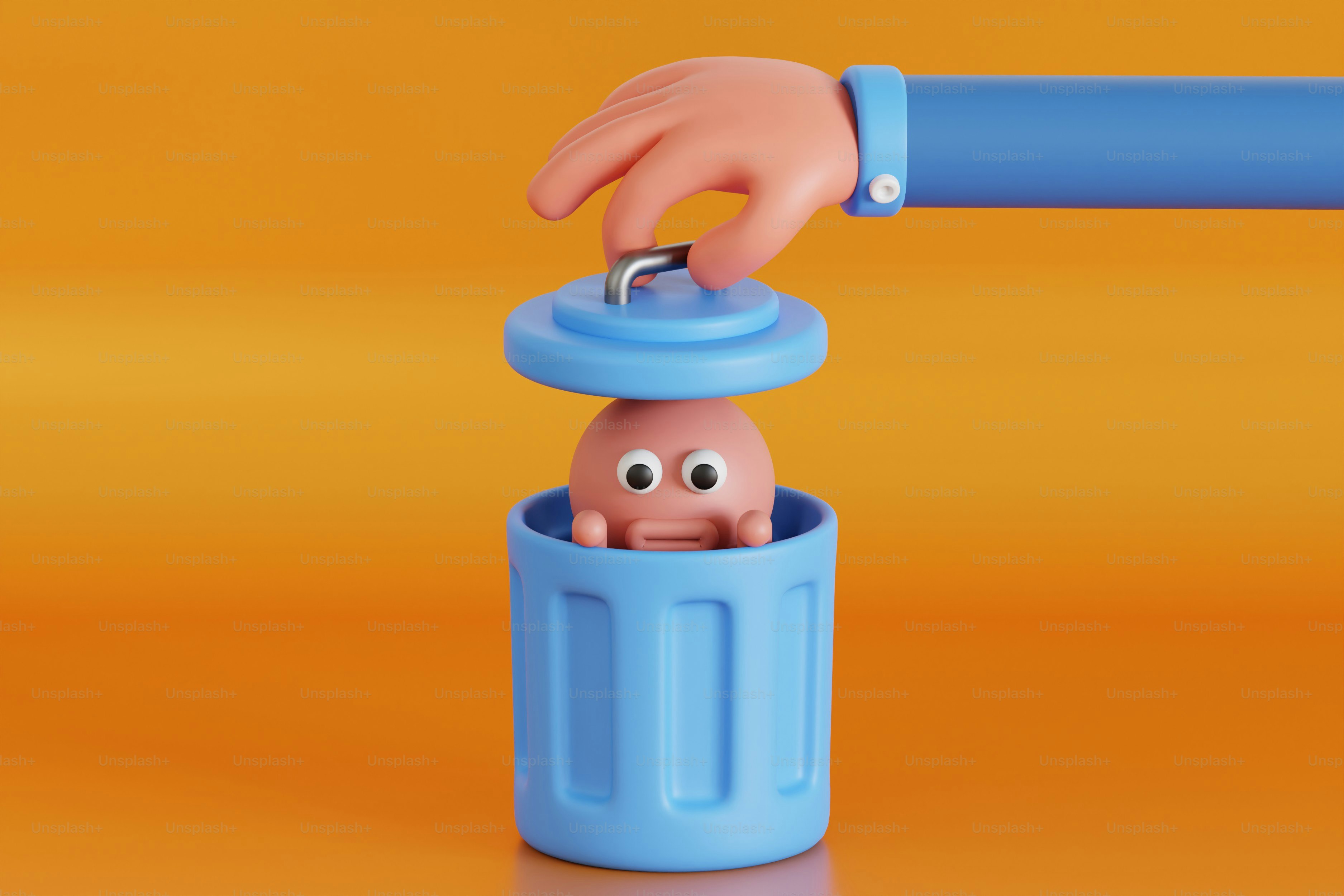 A hand putting a coin into a blue trash can