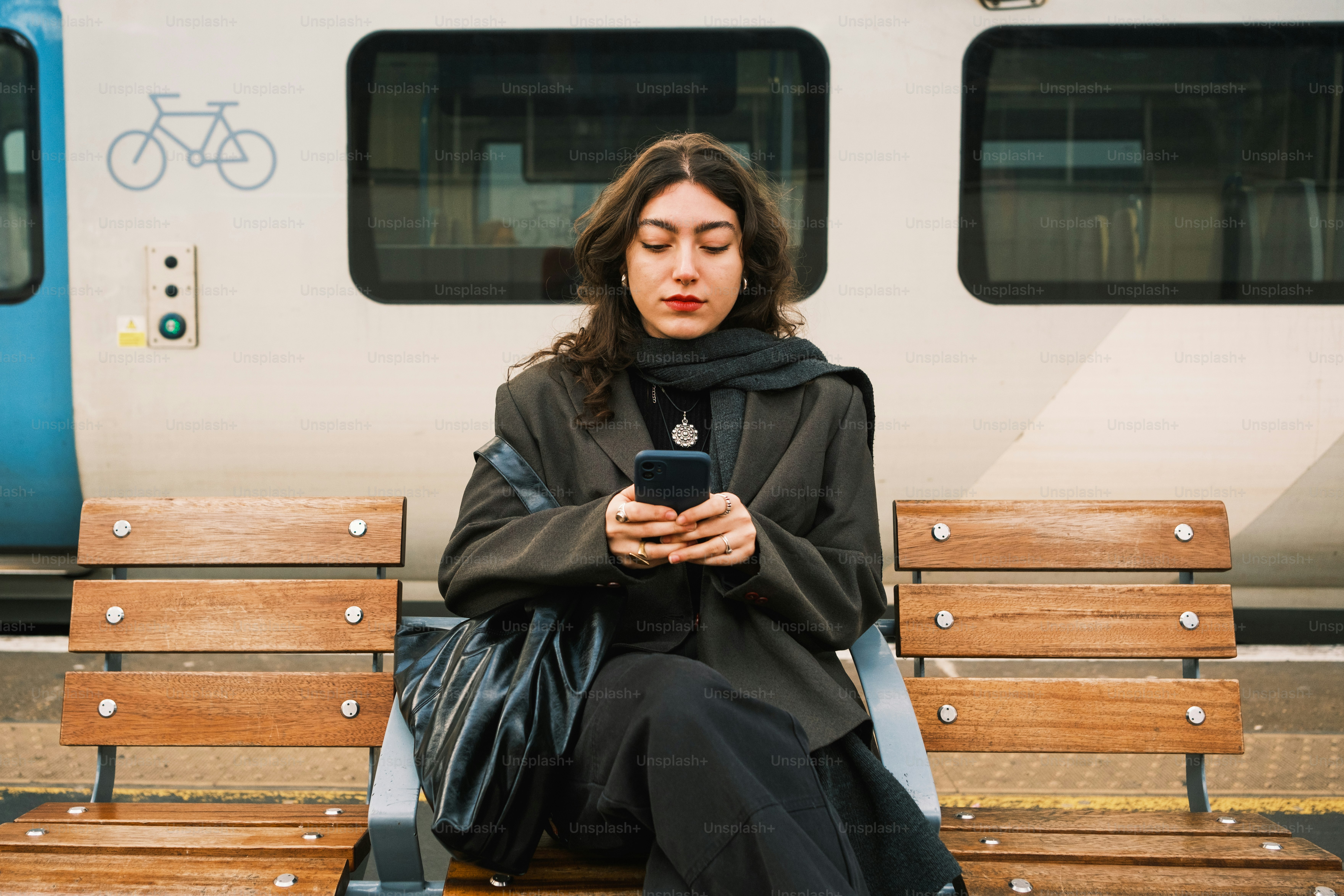 A woman sitting on a bench looking at her cell phone