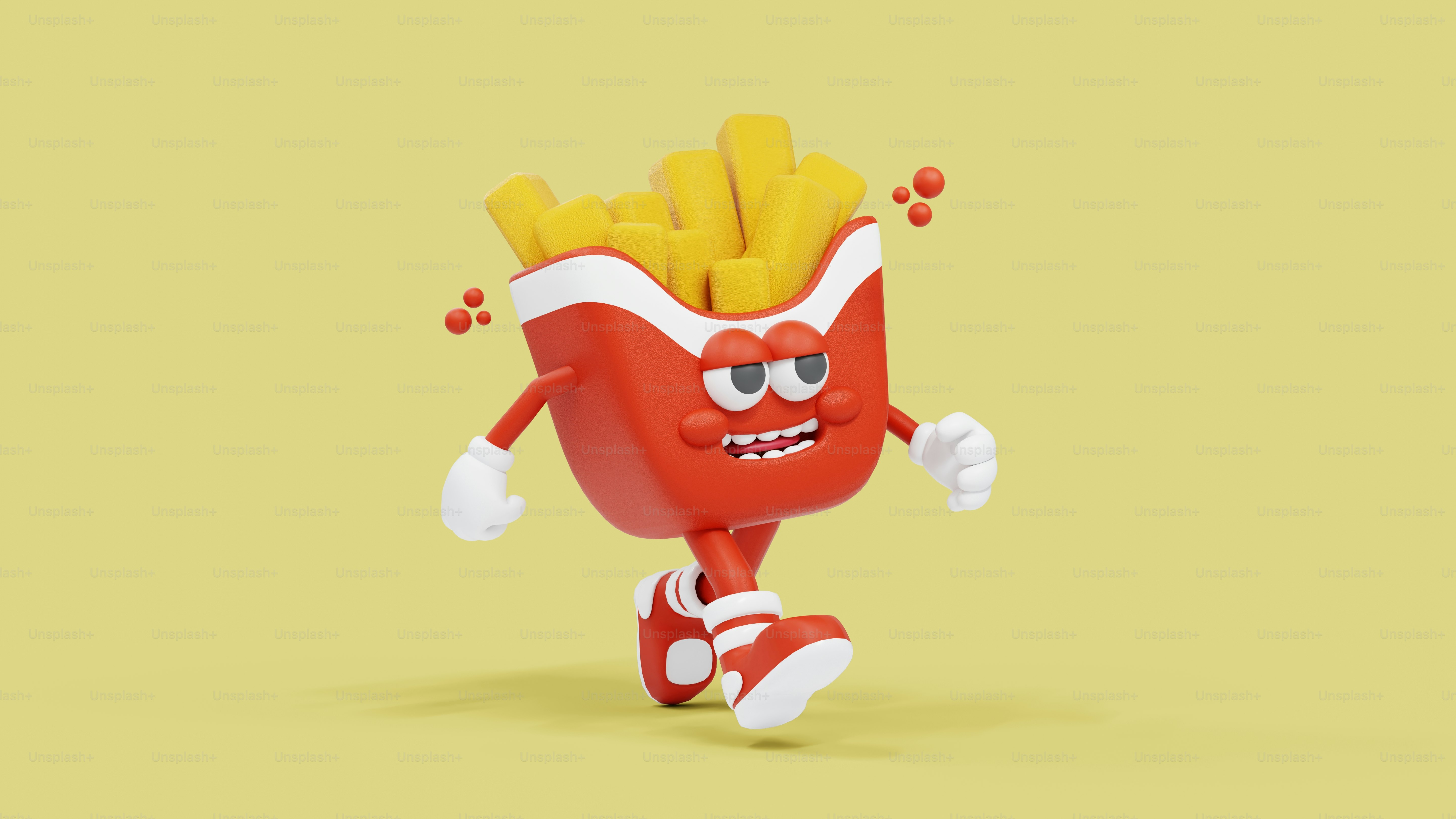 A cartoon hot dog with french fries on it's head