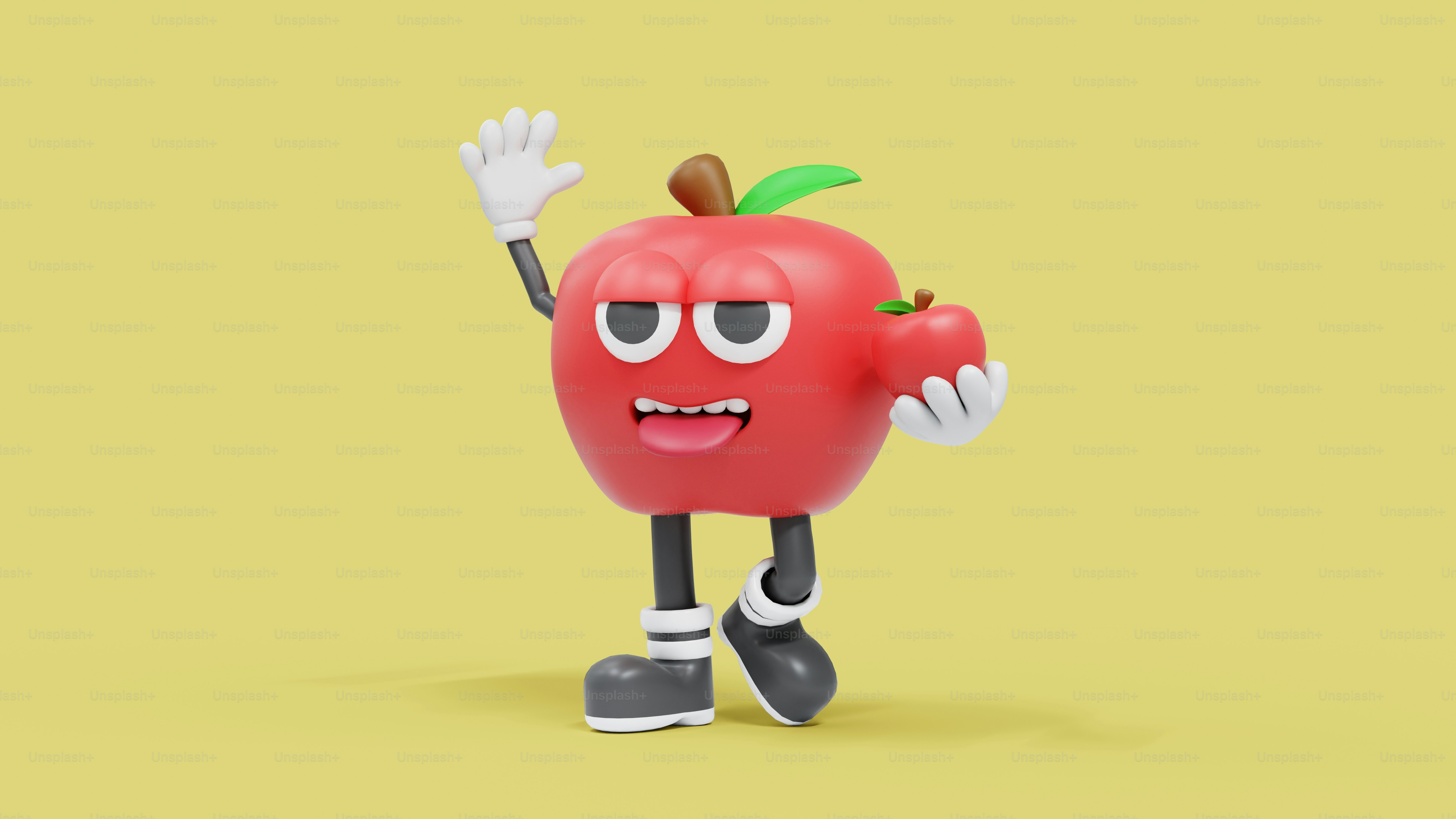 A red apple with eyes, arms and legs