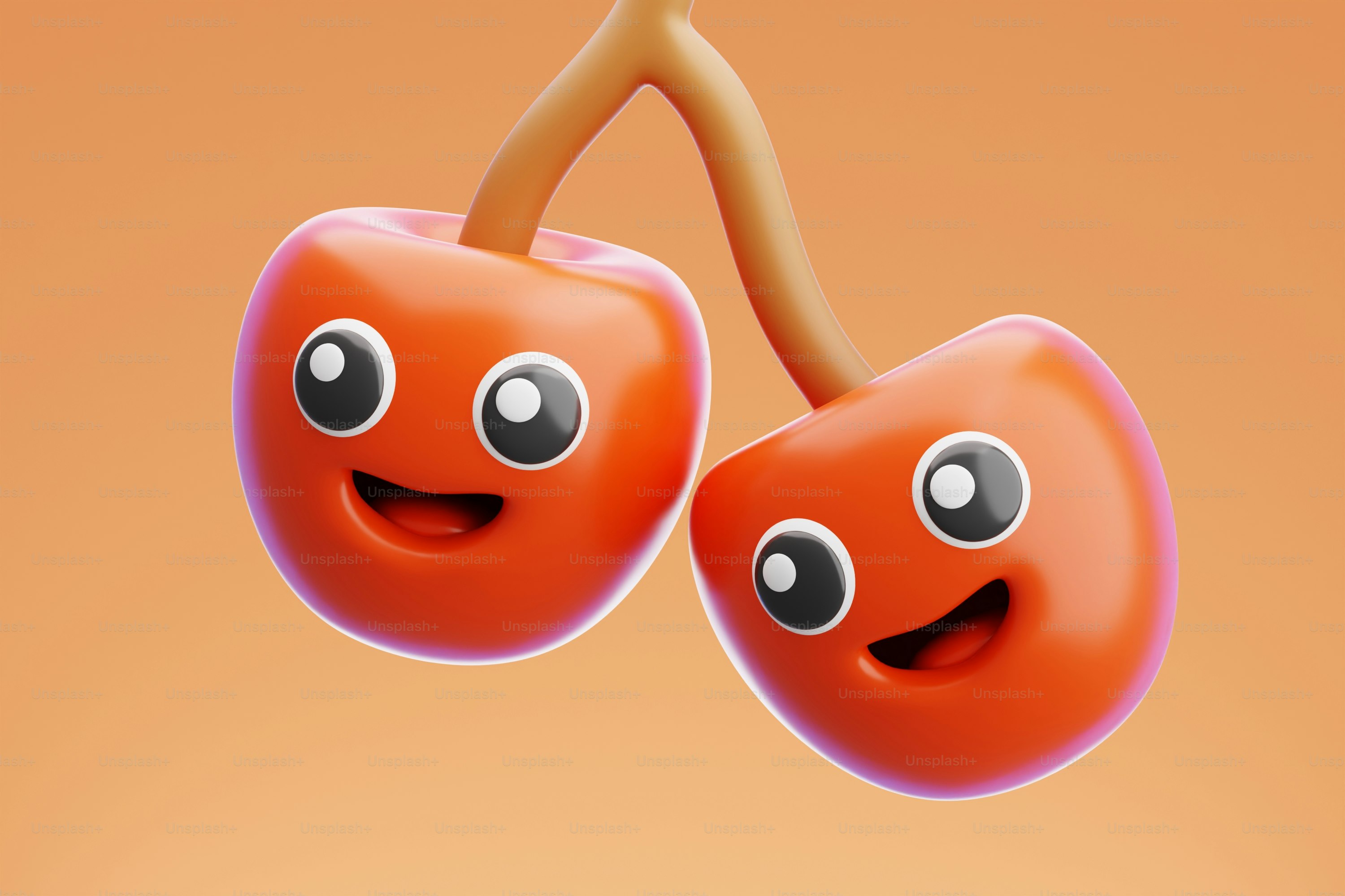 A pair of cherries hanging from a string