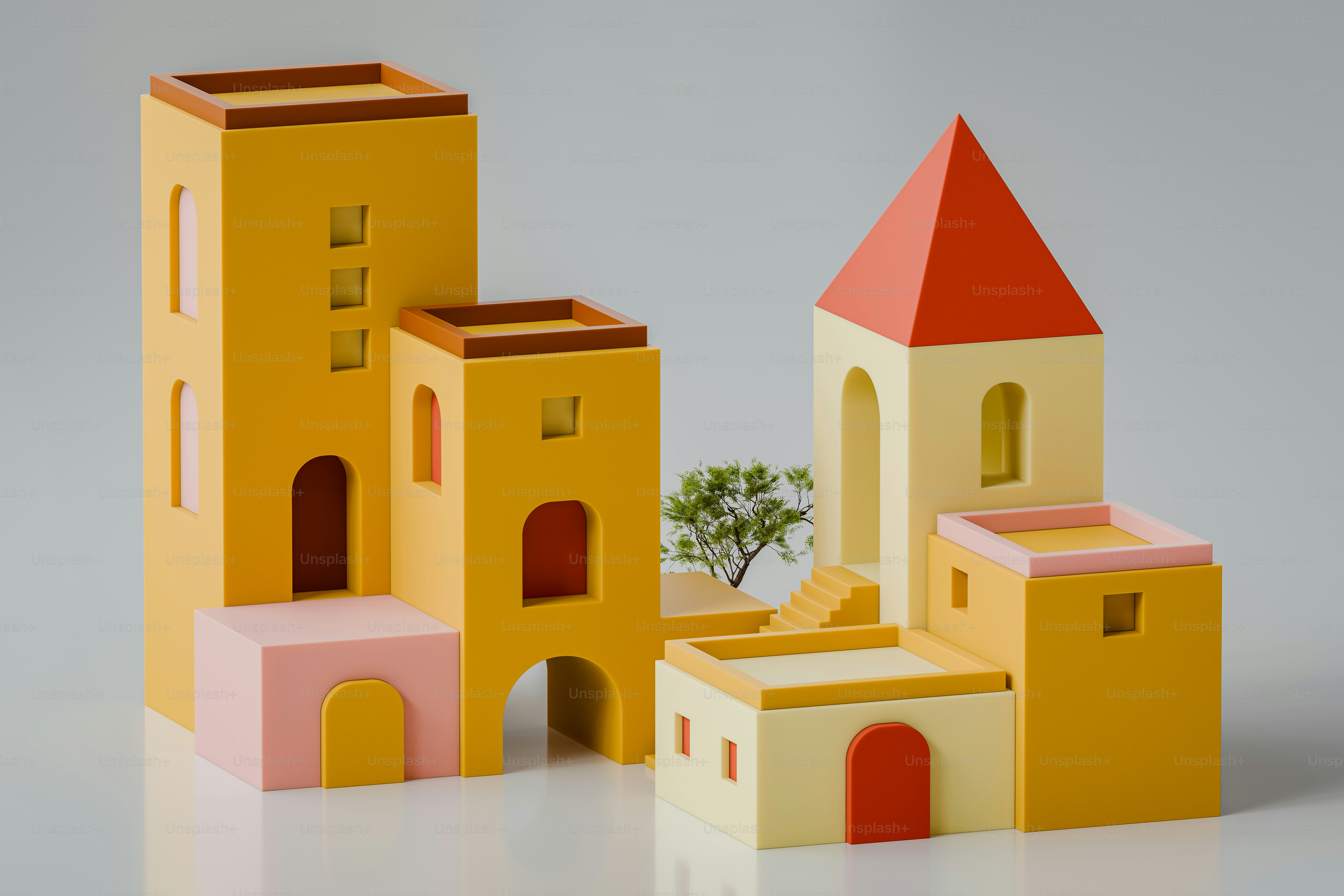 A group of toy buildings sitting on top of a table