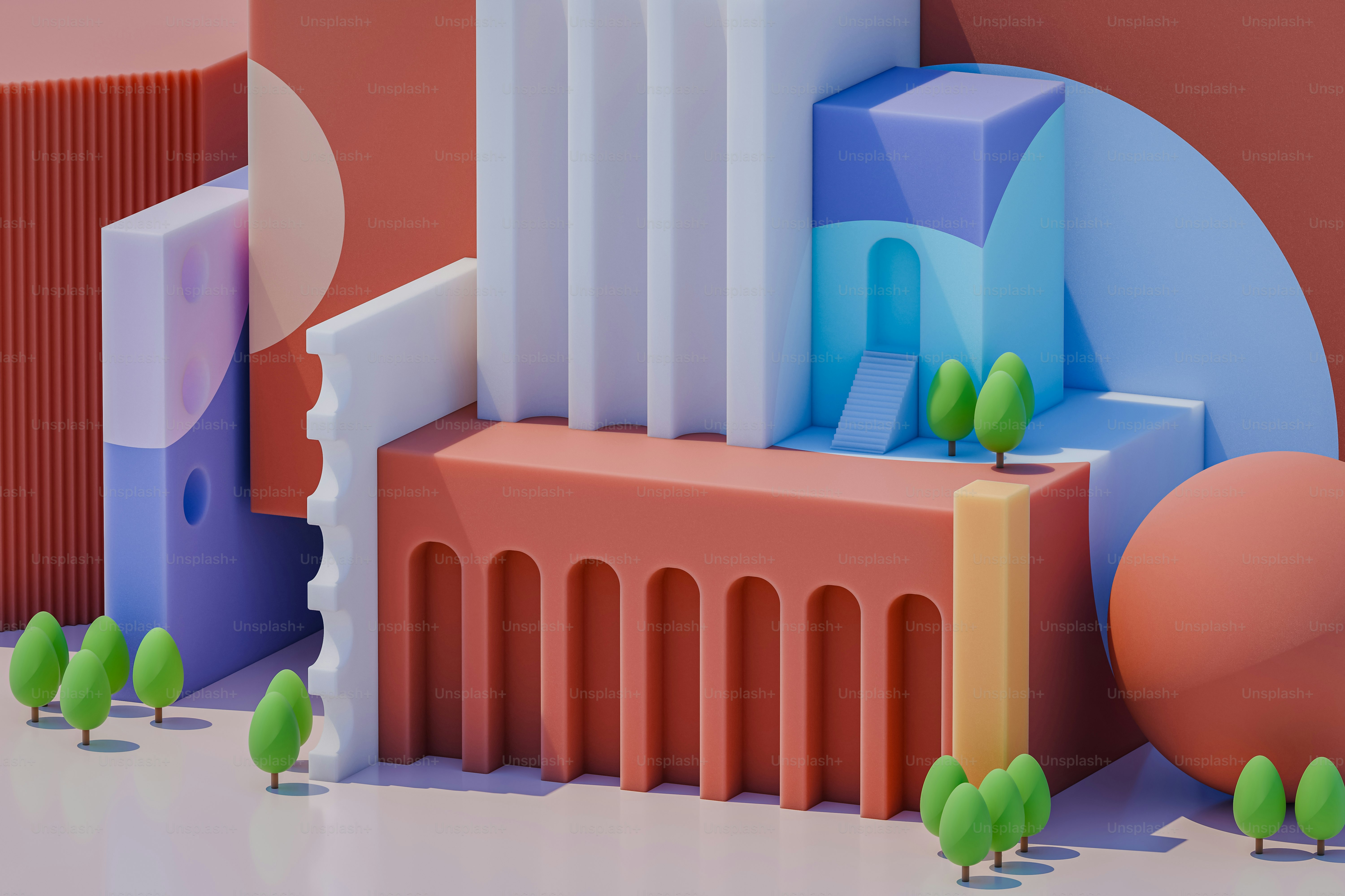 A group of buildings with trees in front of them