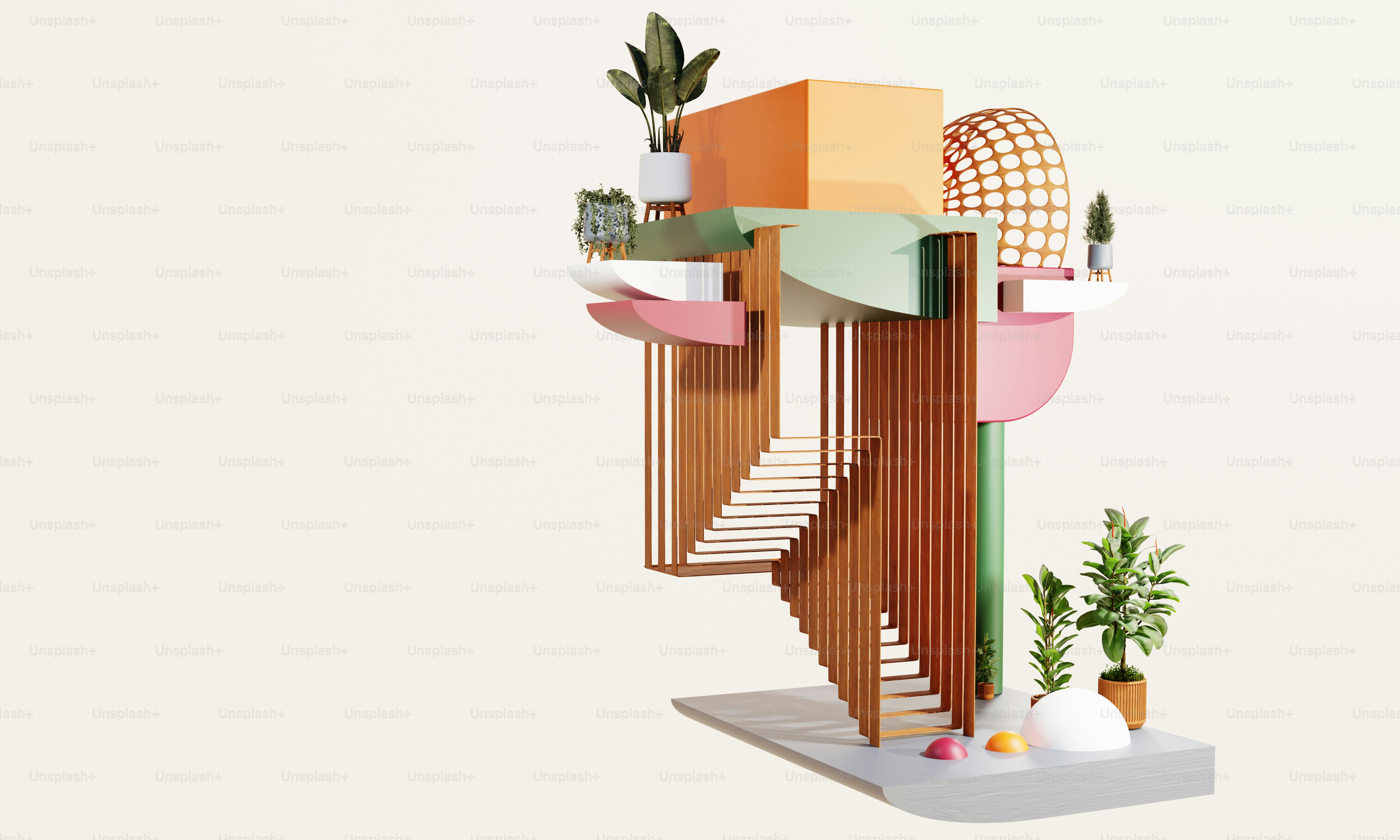 A house with a staircase and a potted plant