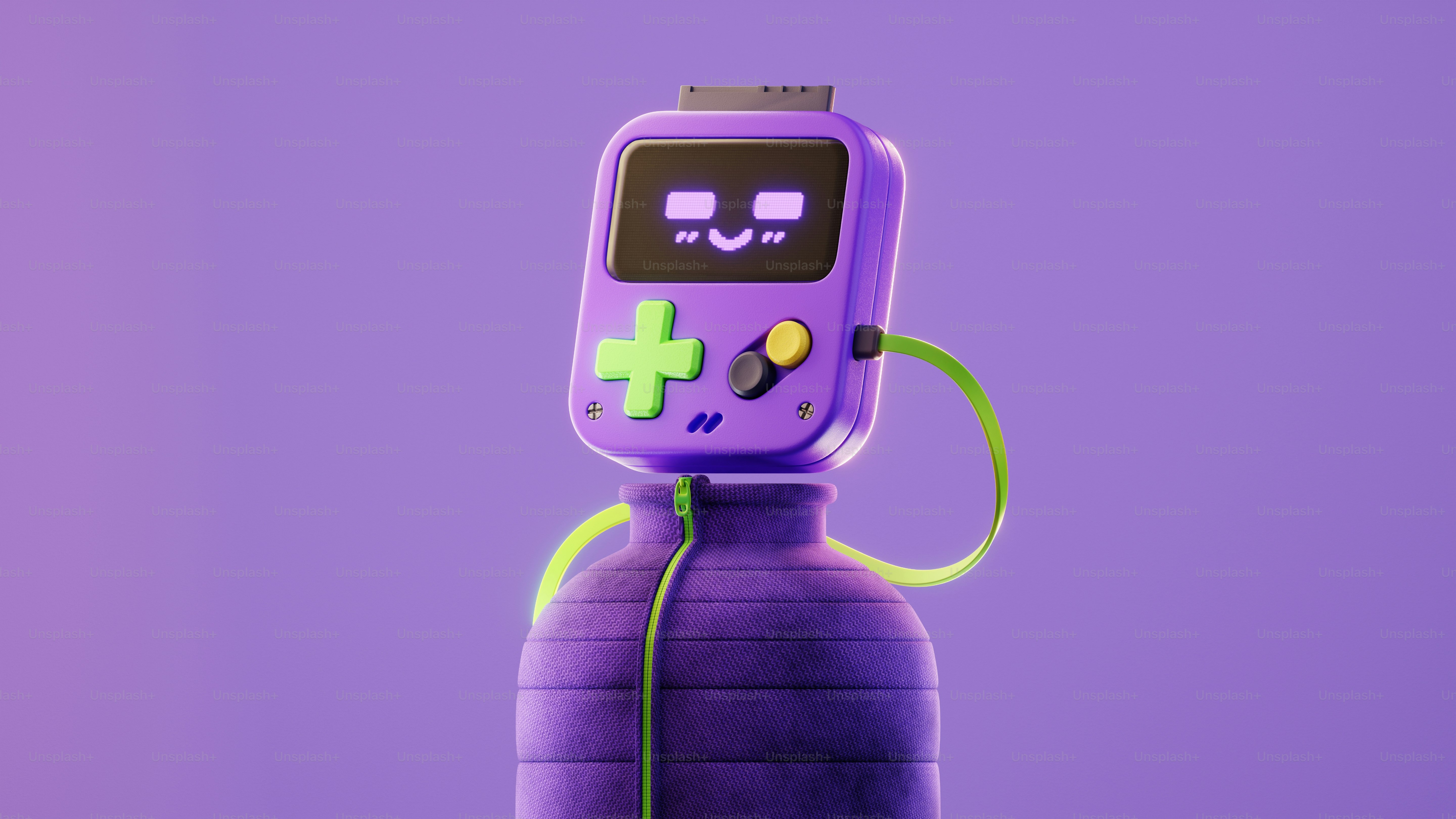 Une bouteille violette avec une manette de jeu attachée à celle-ci