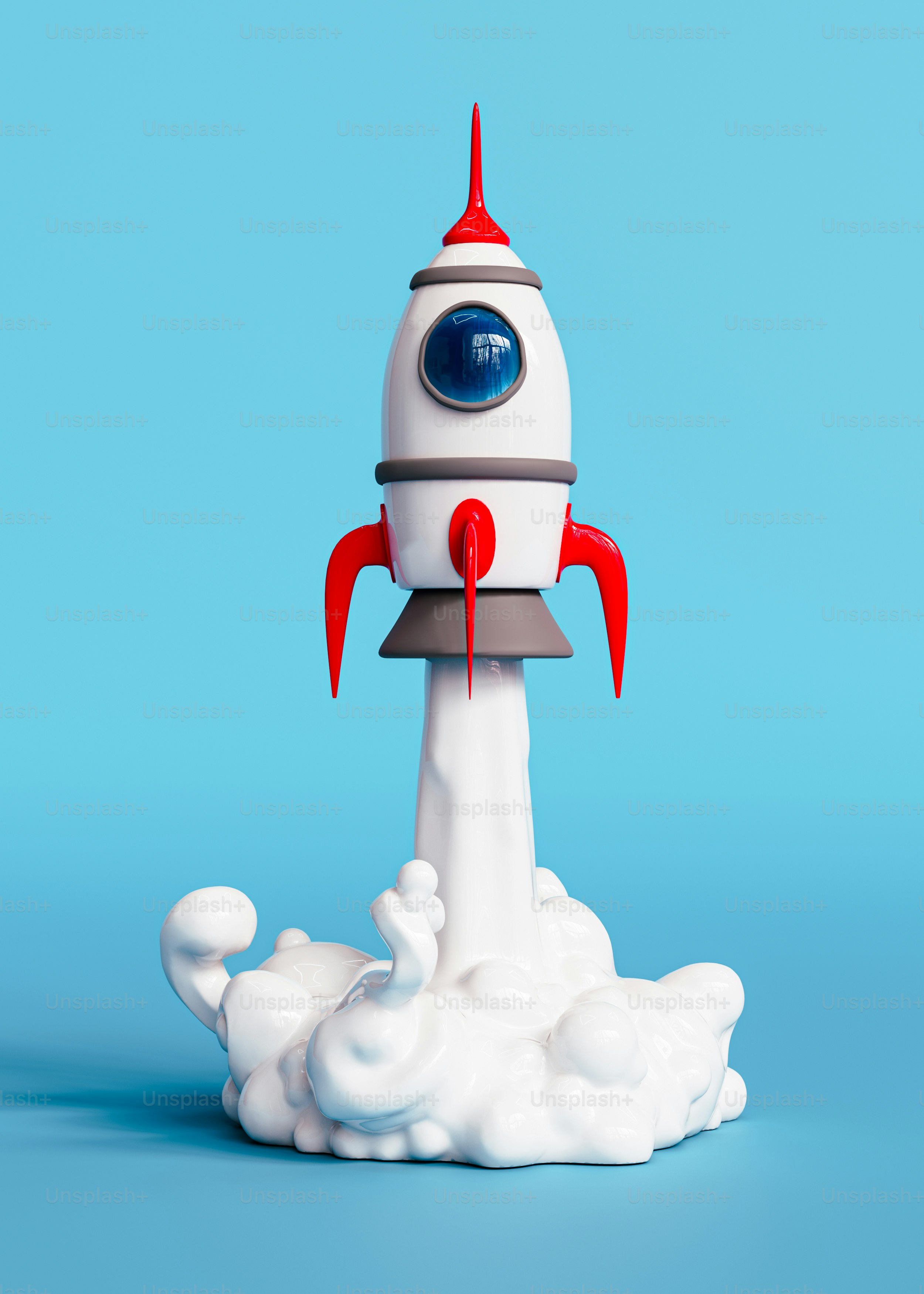 A toy rocket is flying through the air