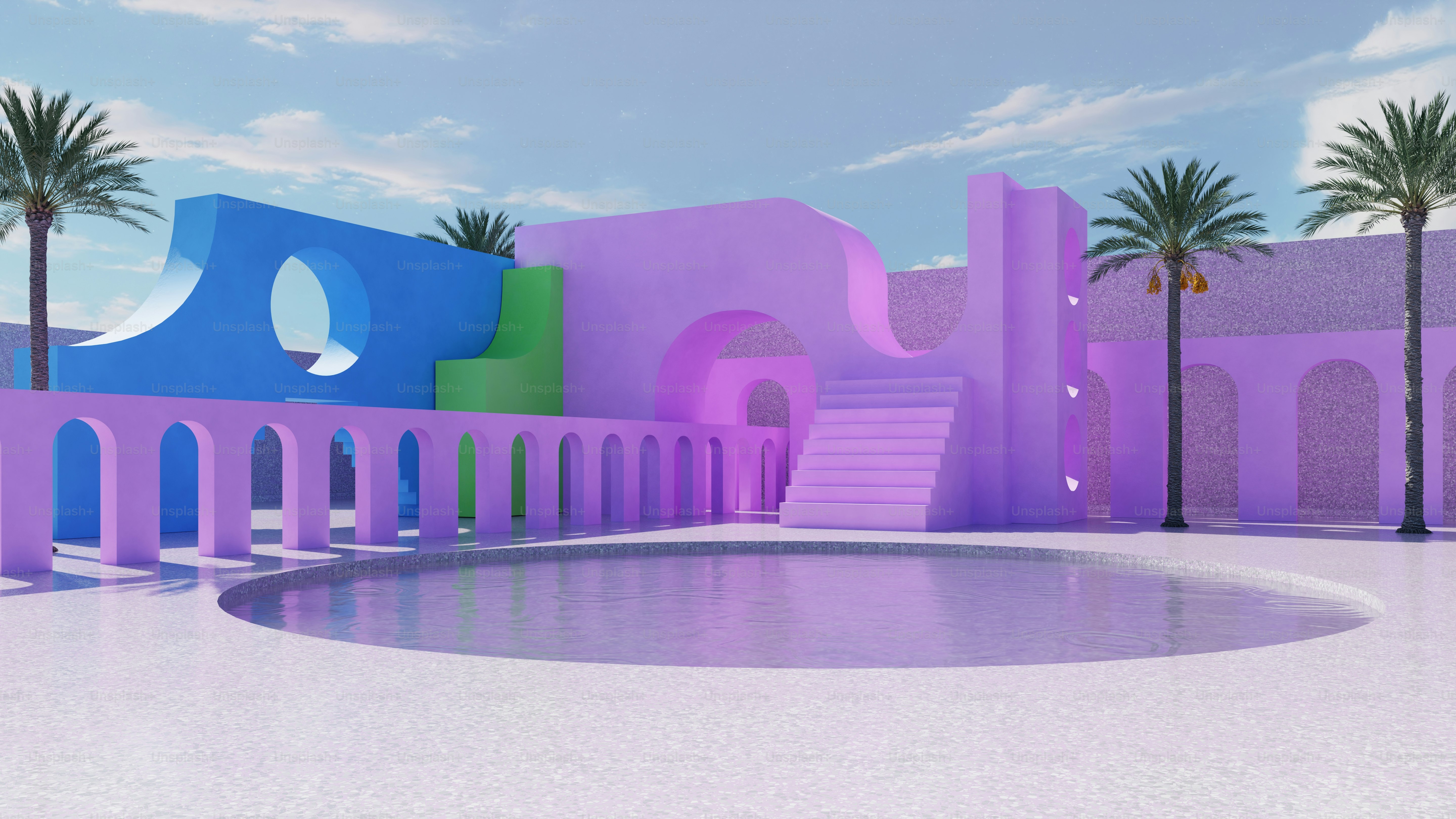 A 3D rendering of a colorful building with palm trees in the background