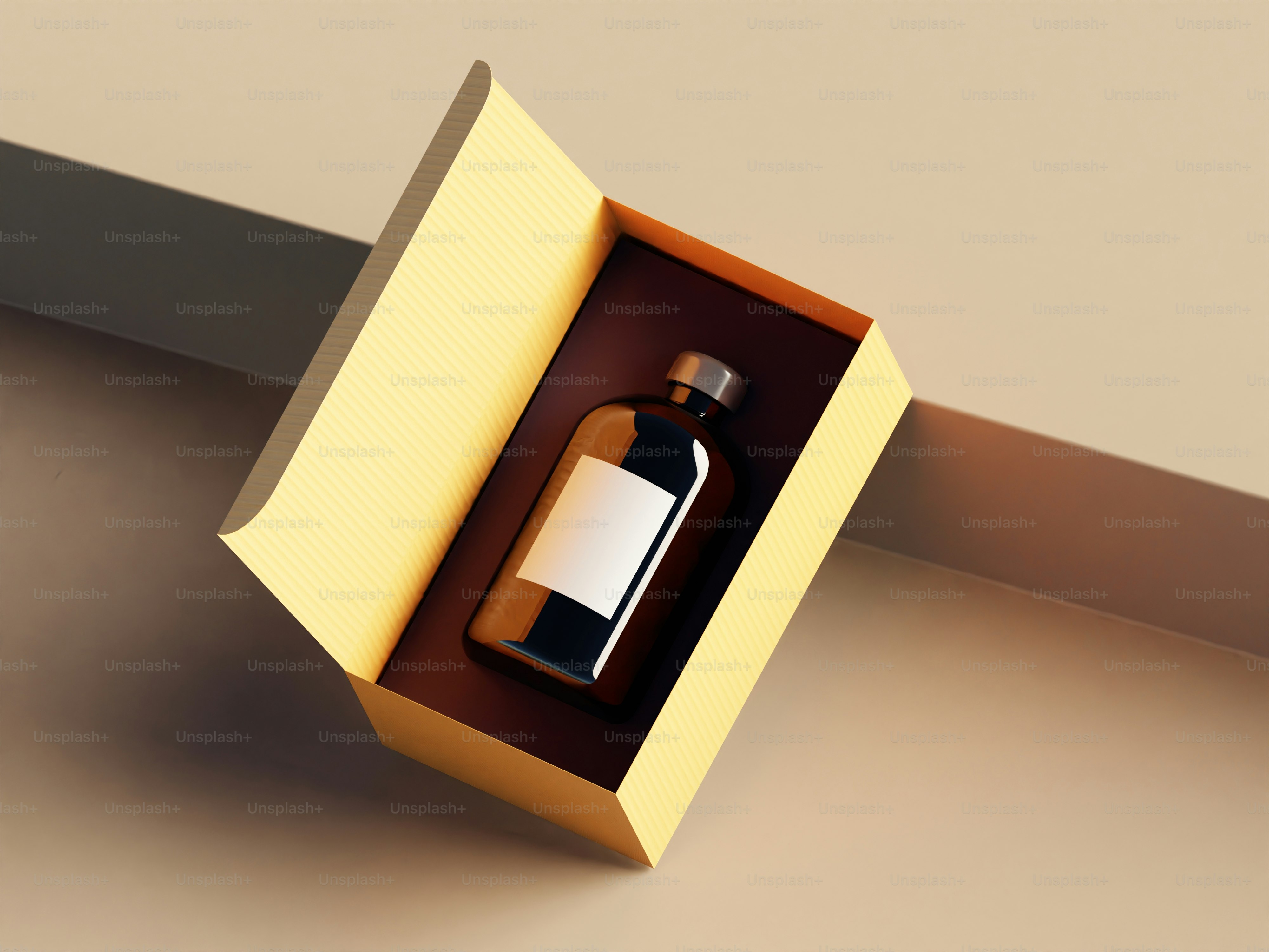 An open box with a bottle inside of it