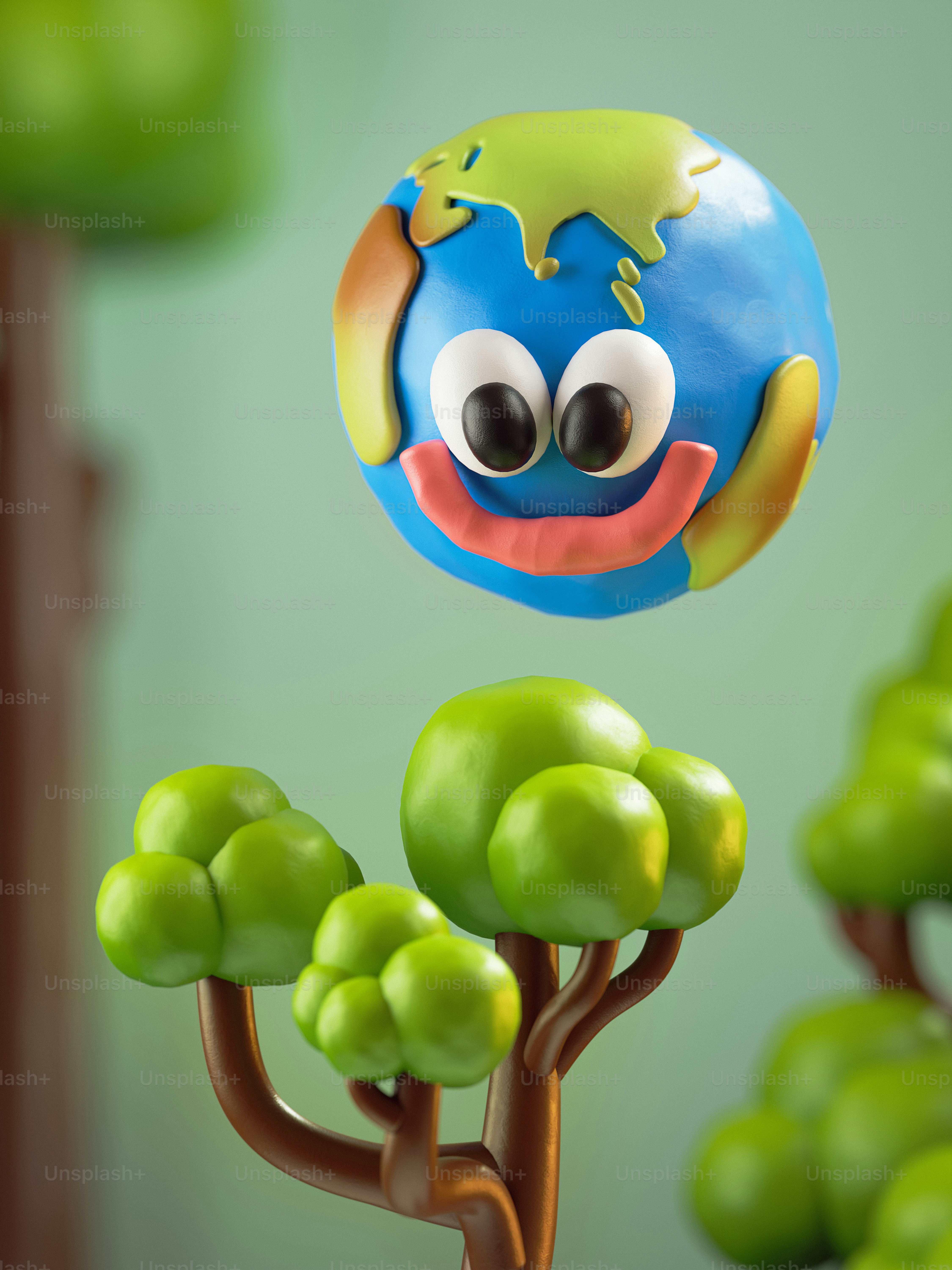 A blue and green tree with a smiley face on it