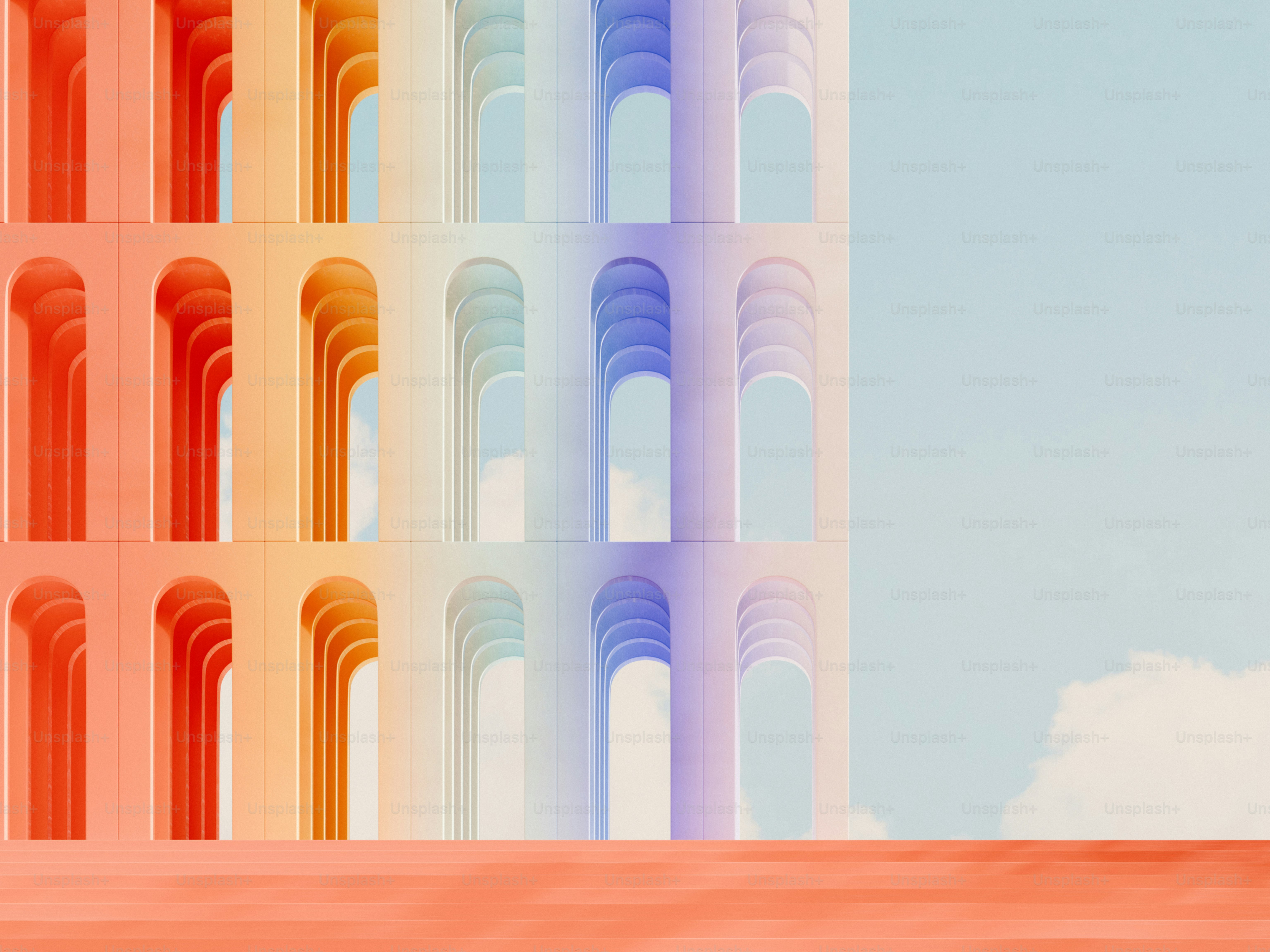 Um arco-íris coloriu a construção com um céu no fundo