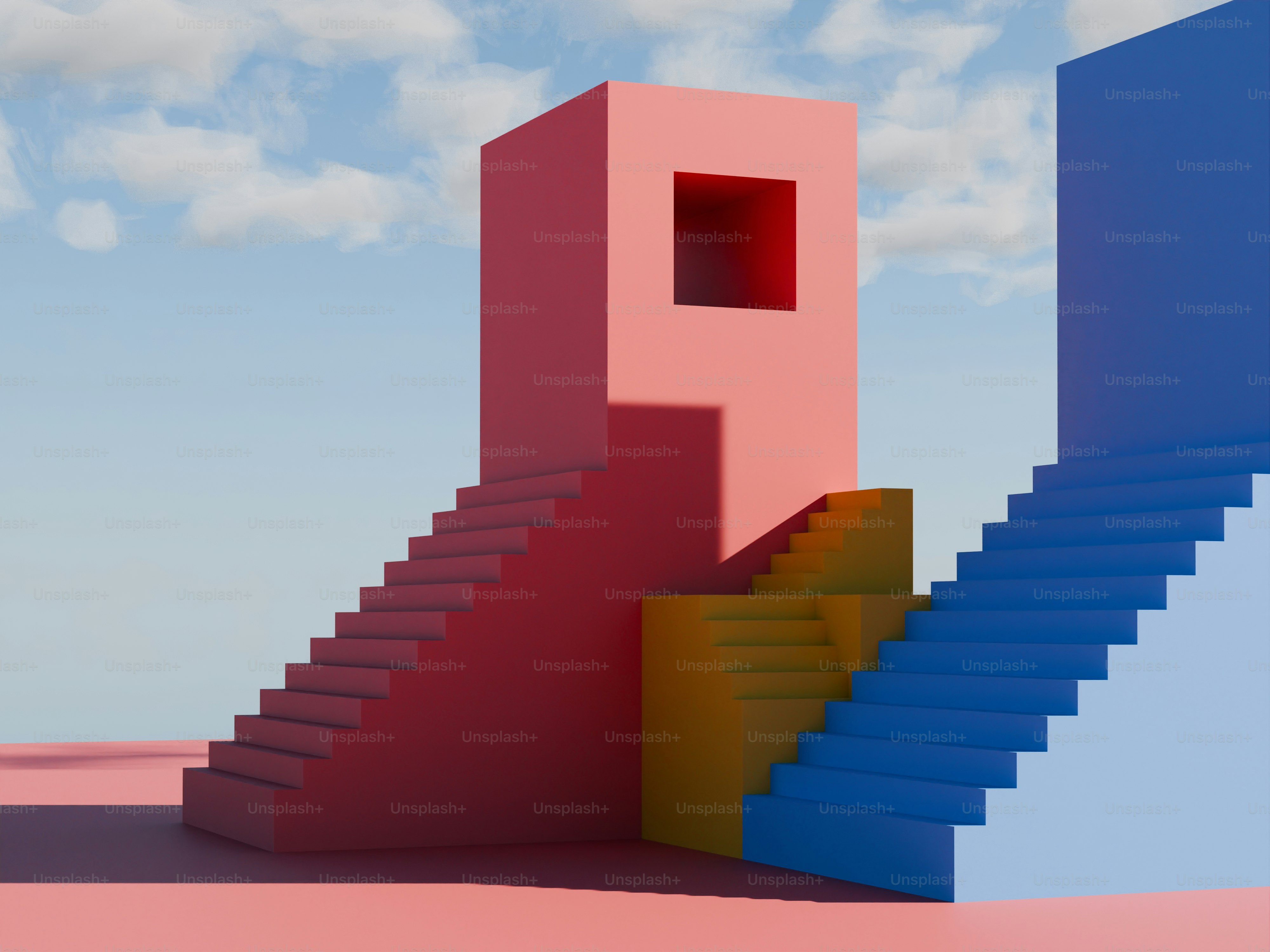 A 3D rendering of a stair leading up to a door