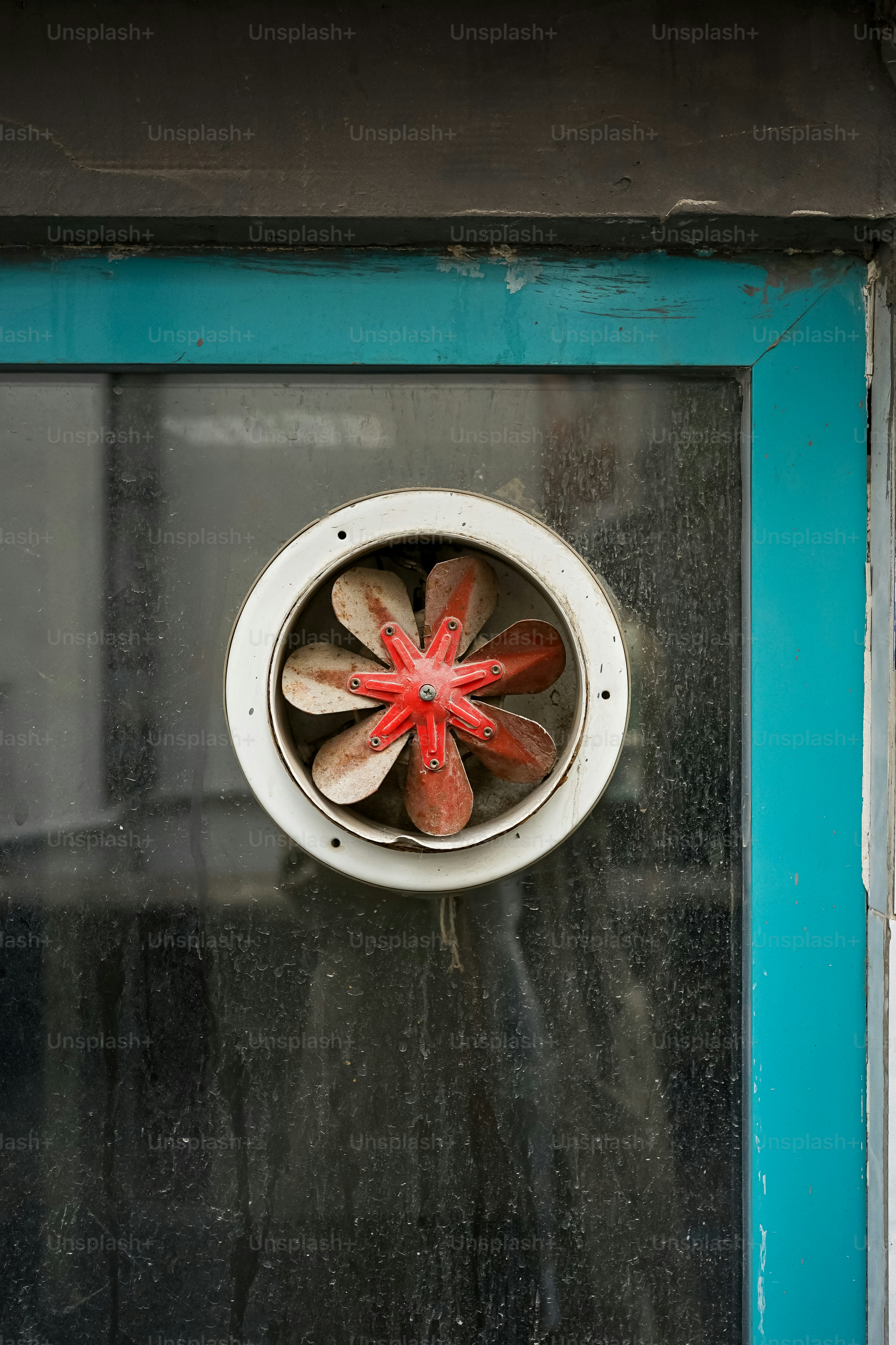 Una ventana redonda con una flor en ella