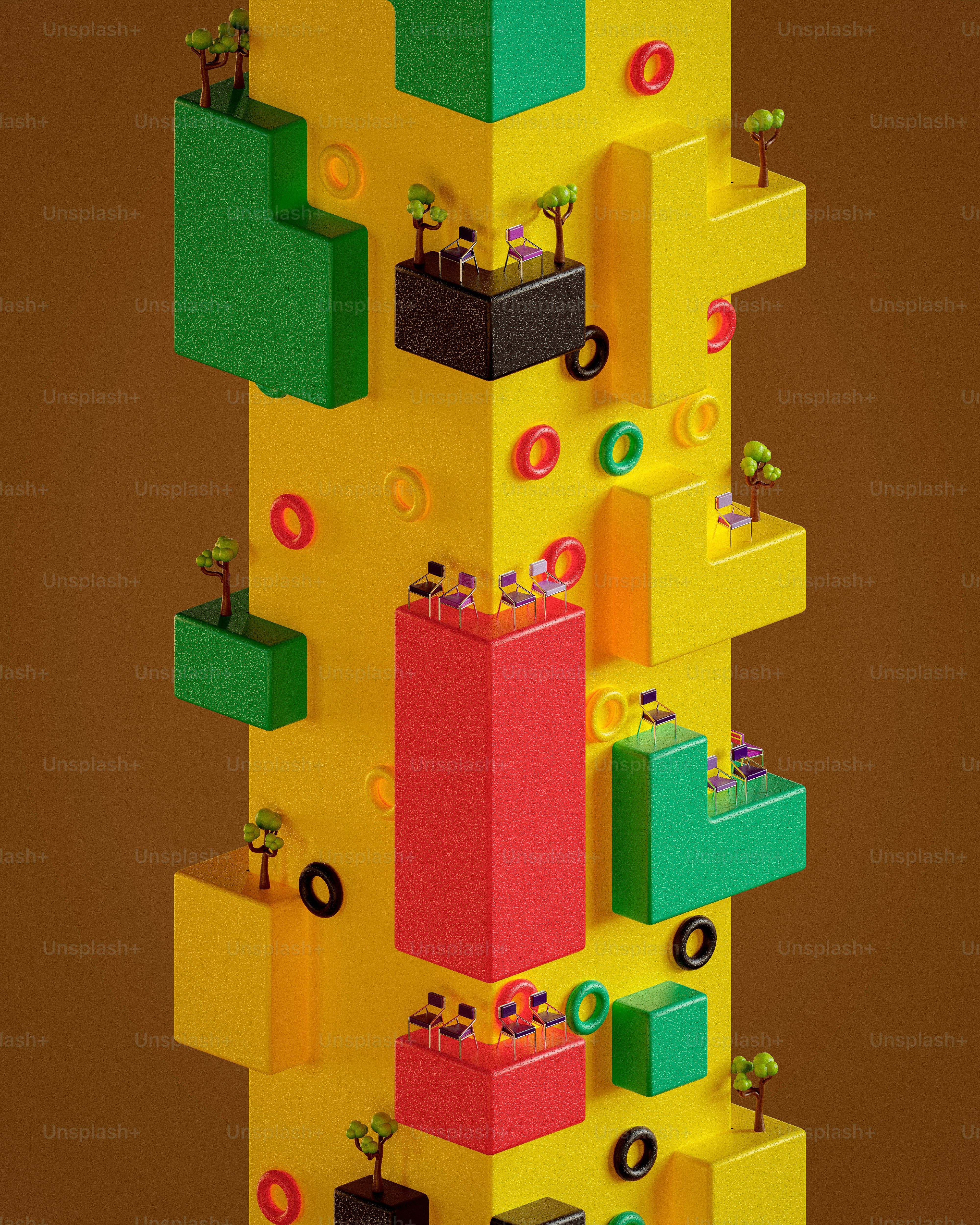 A captivating 3D render showcasing miniature colorful architectural designs with attention to detail.