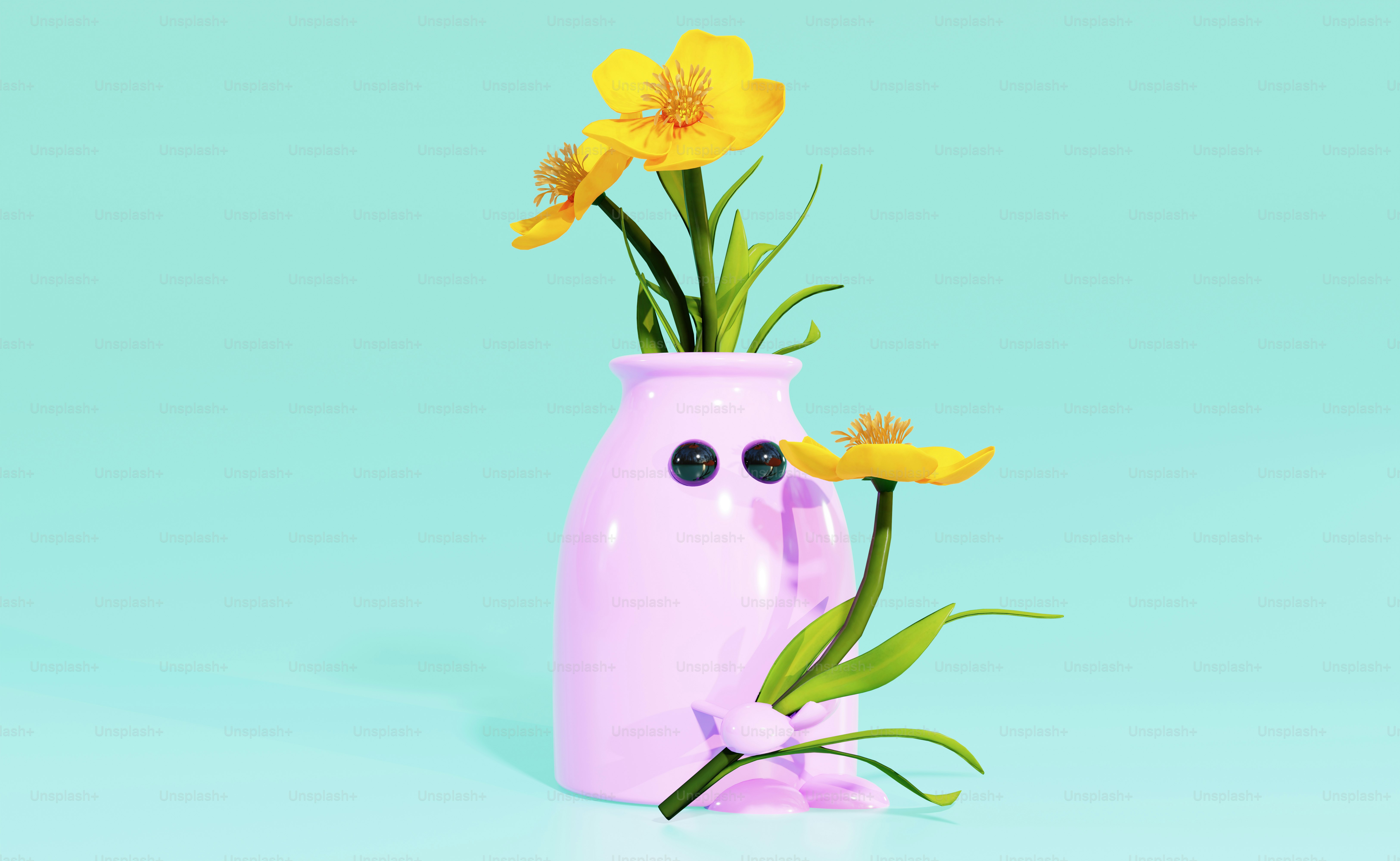 A pink vase with yellow flowers sticking out of it