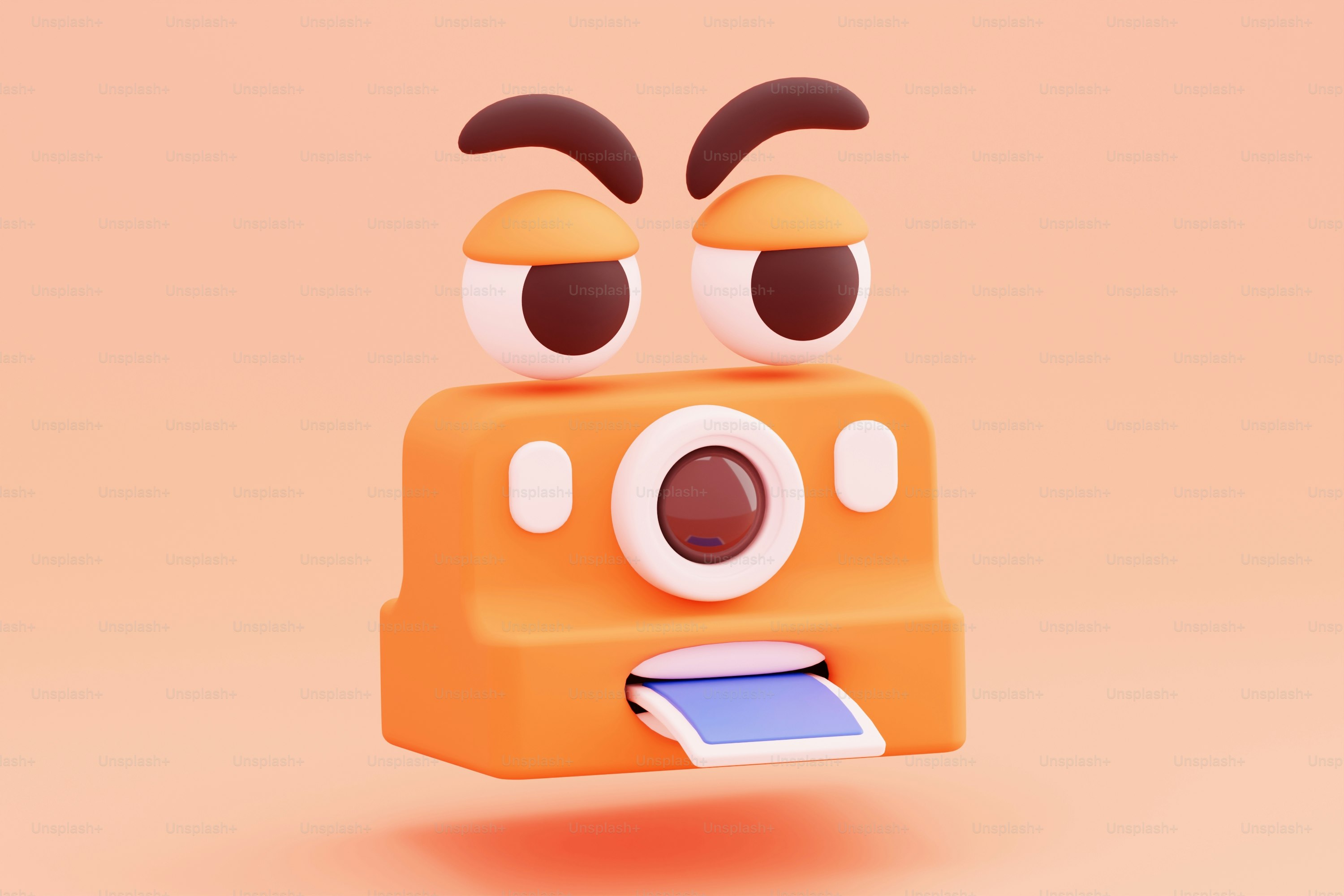 An orange camera with eyes on a pink background