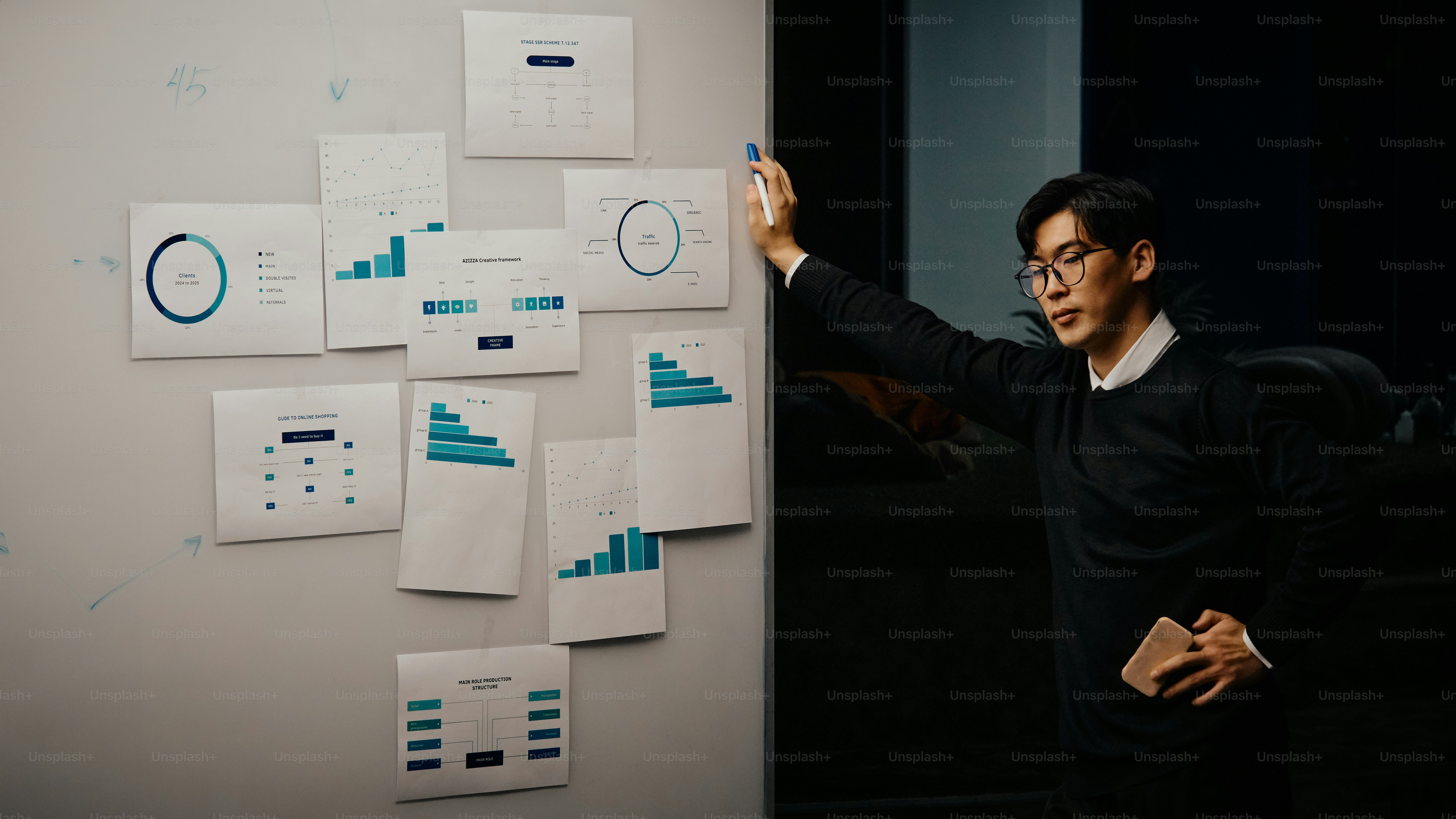 A man standing next to a white board with a bunch of papers on it