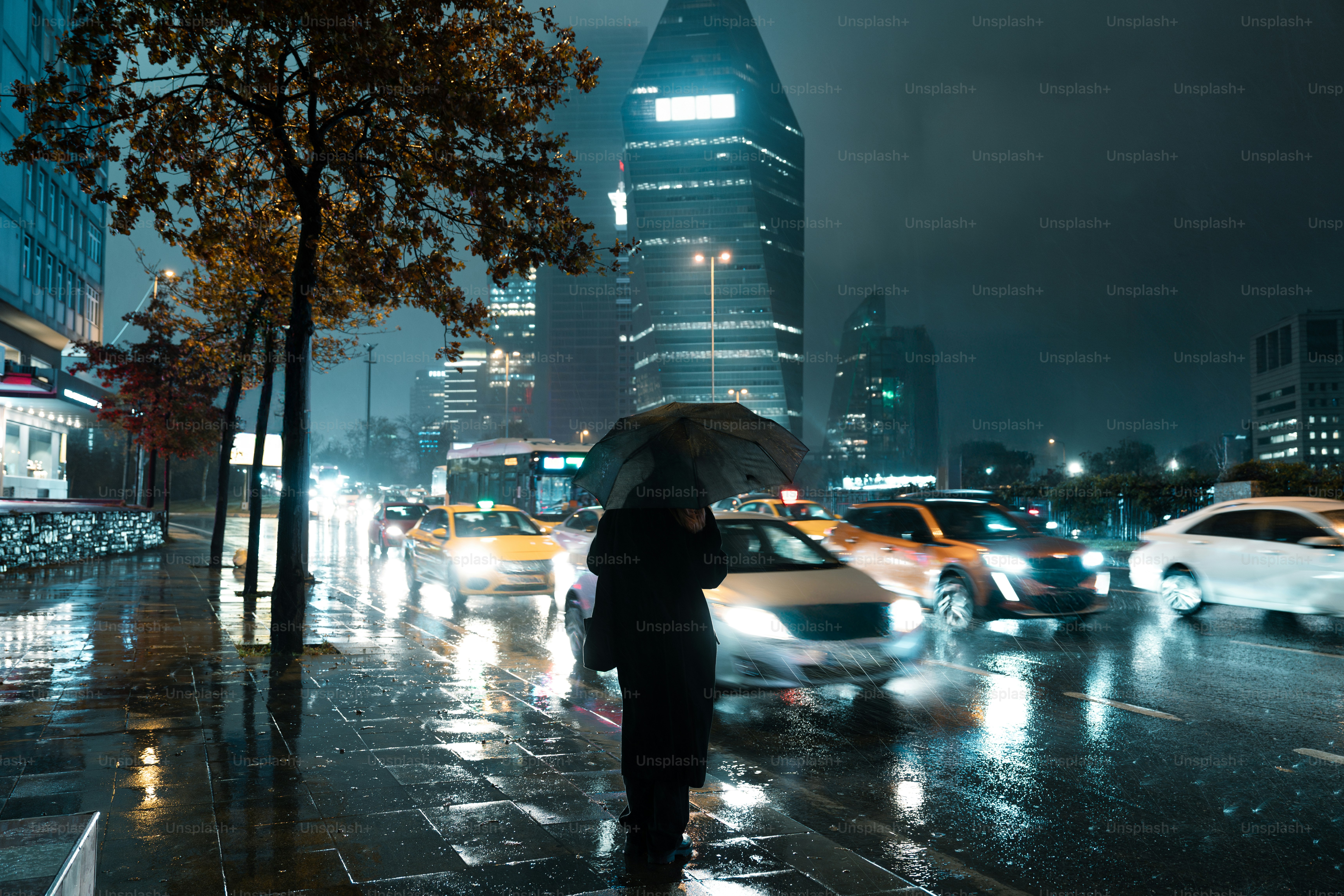 A person holding an umbrella on a rainy night