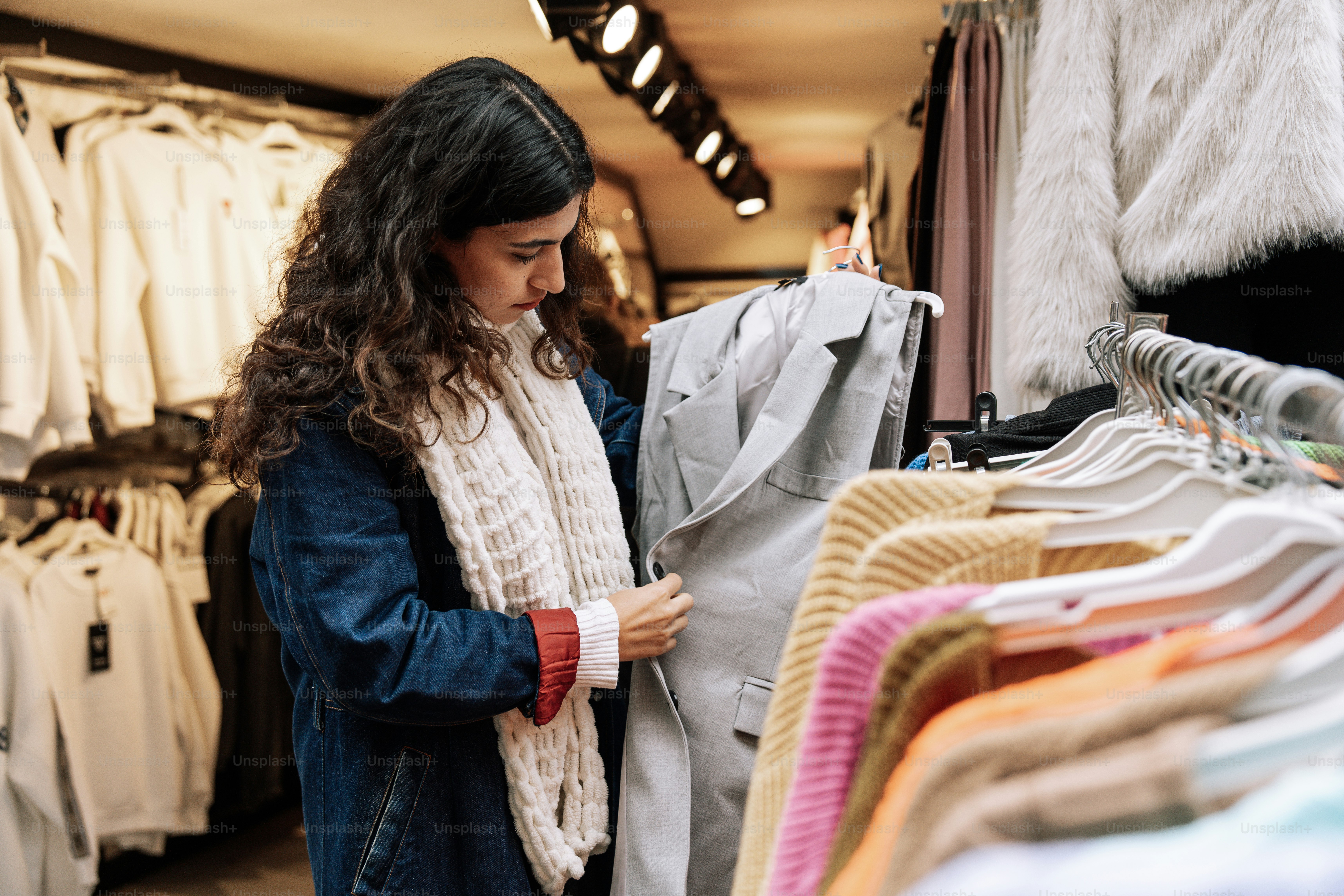 A woman looking at clothing in a store