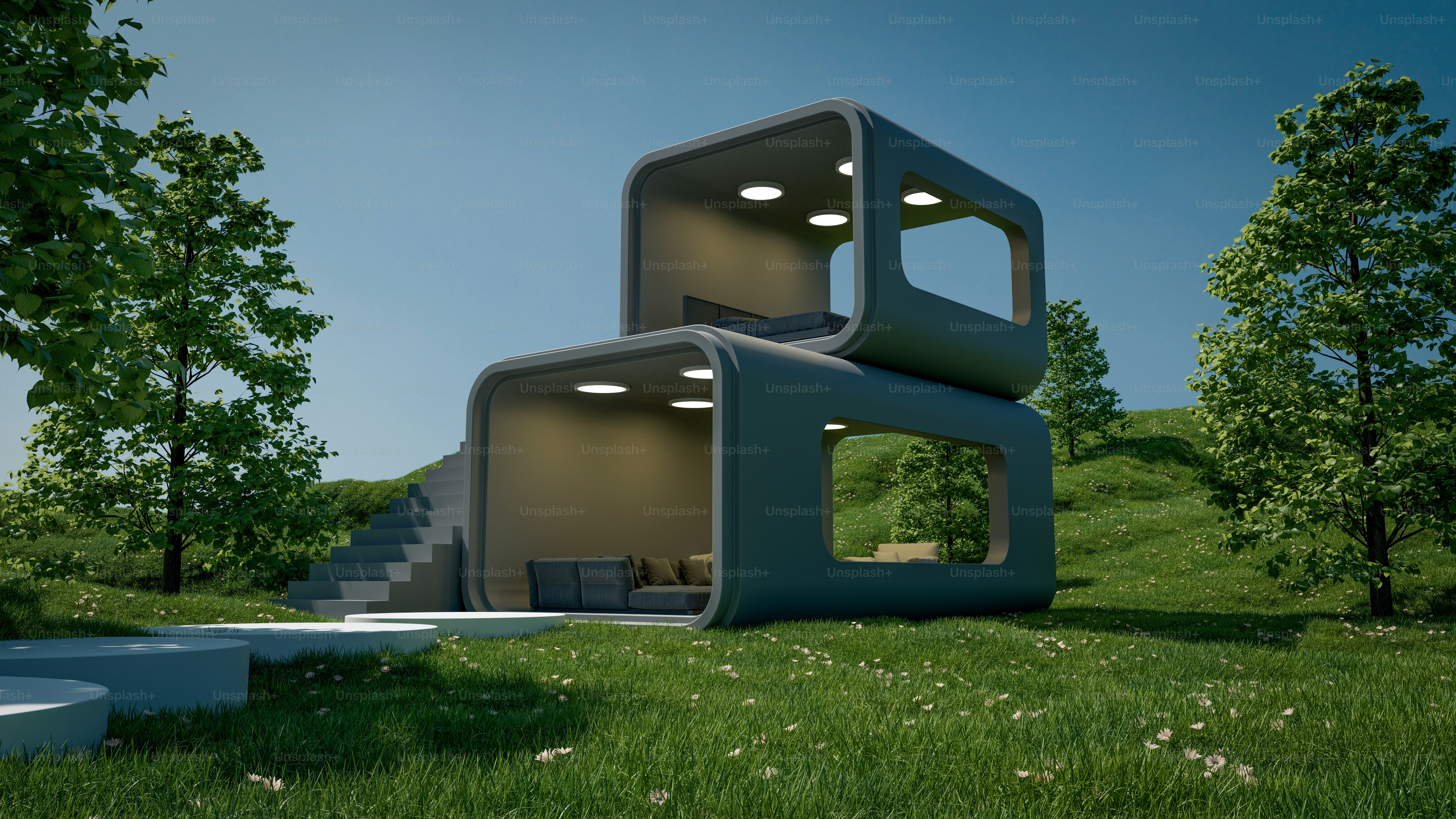 Una representación artística de una casa en medio de un campo