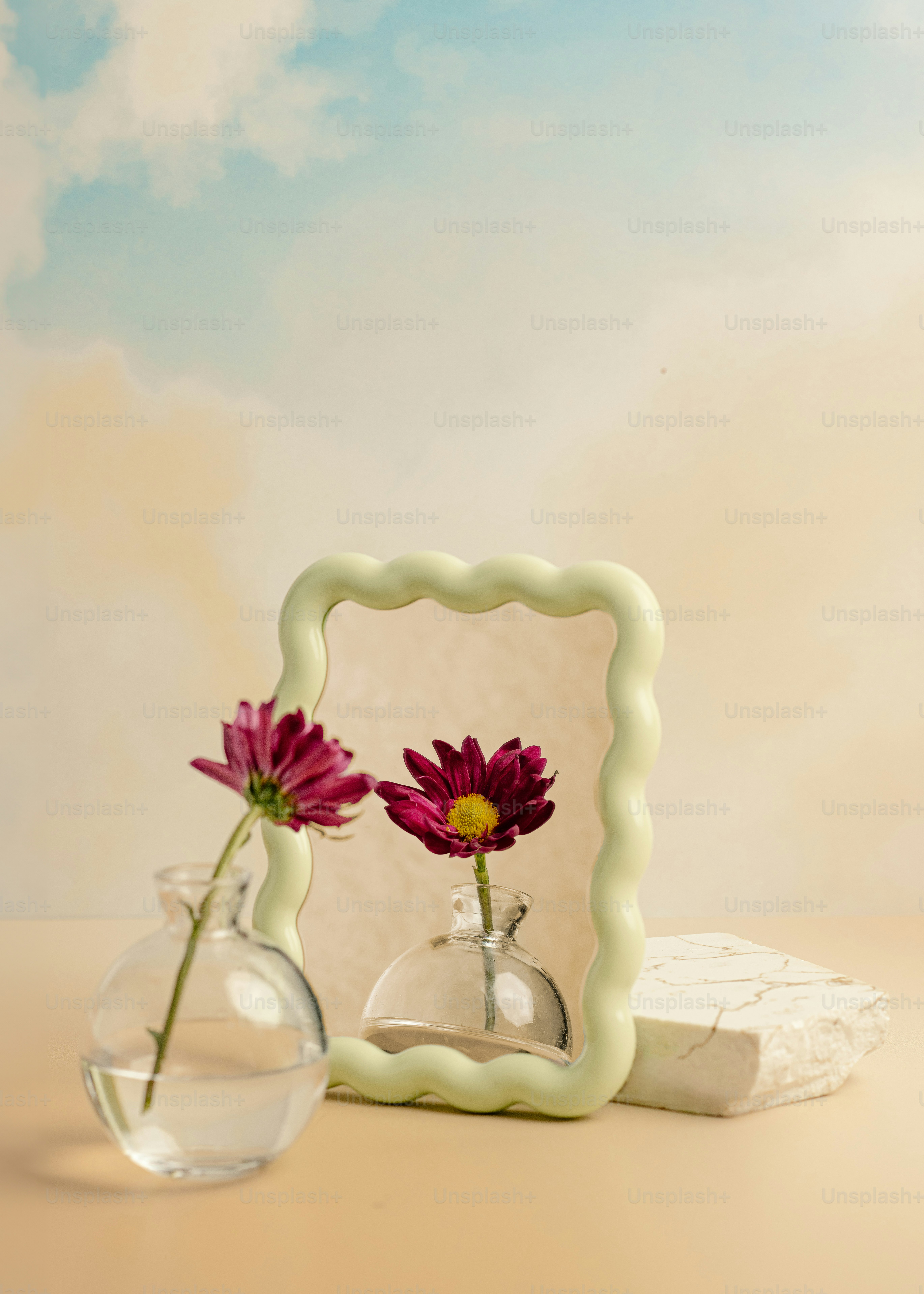 Um vaso com duas flores ao lado de um espelho