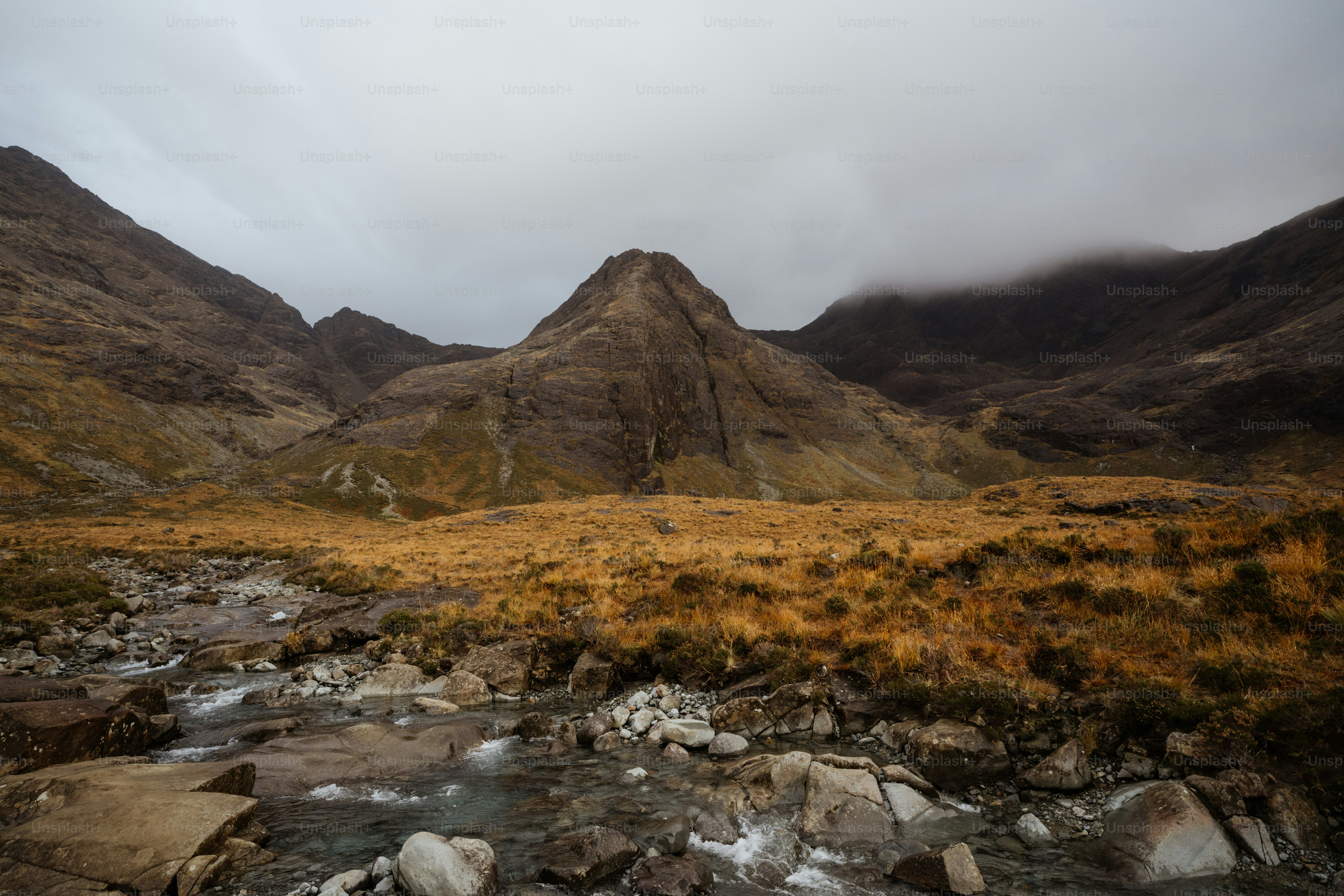 A stream running through a lush green valley