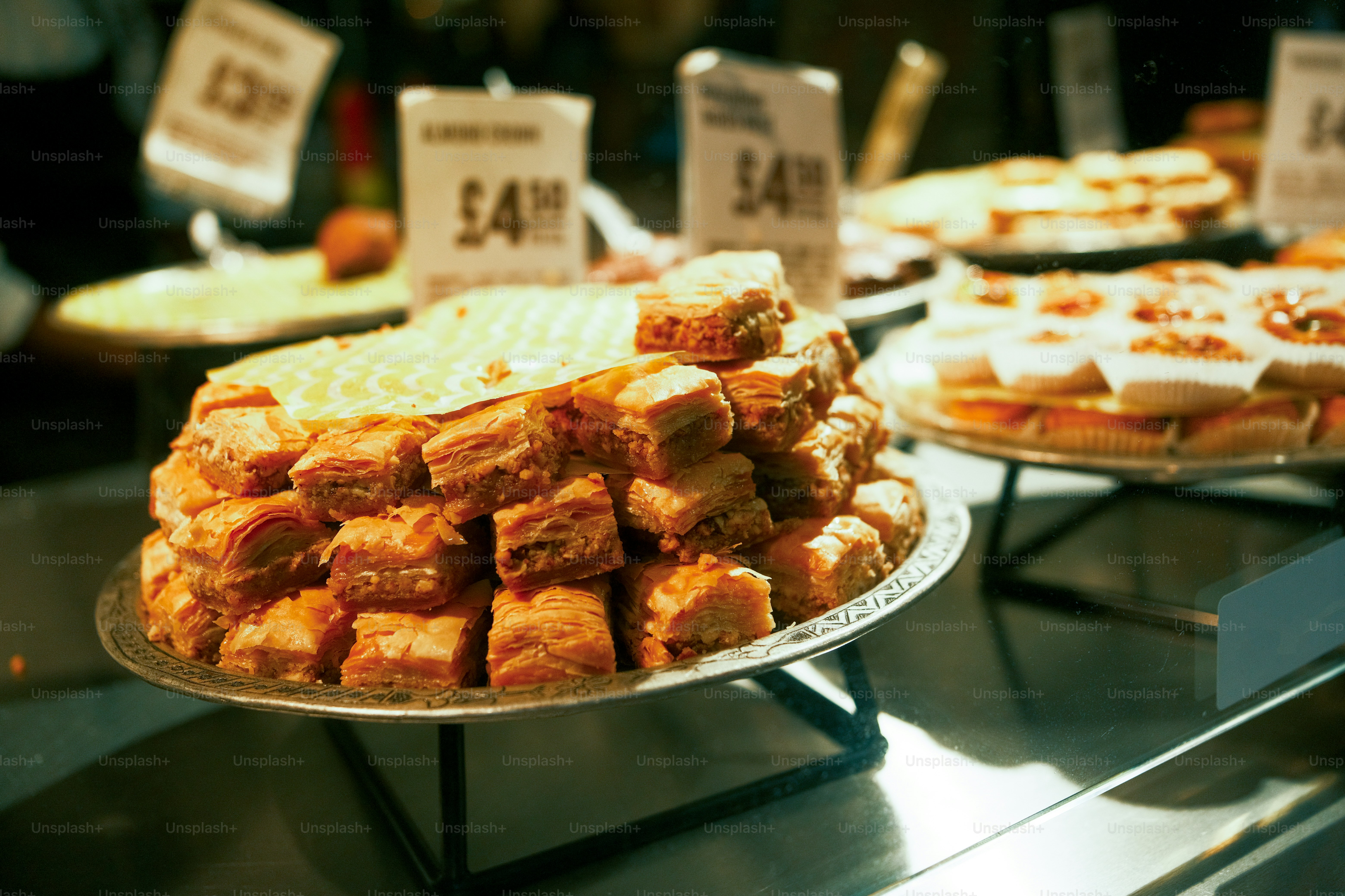 A display case filled with lots of different types of food