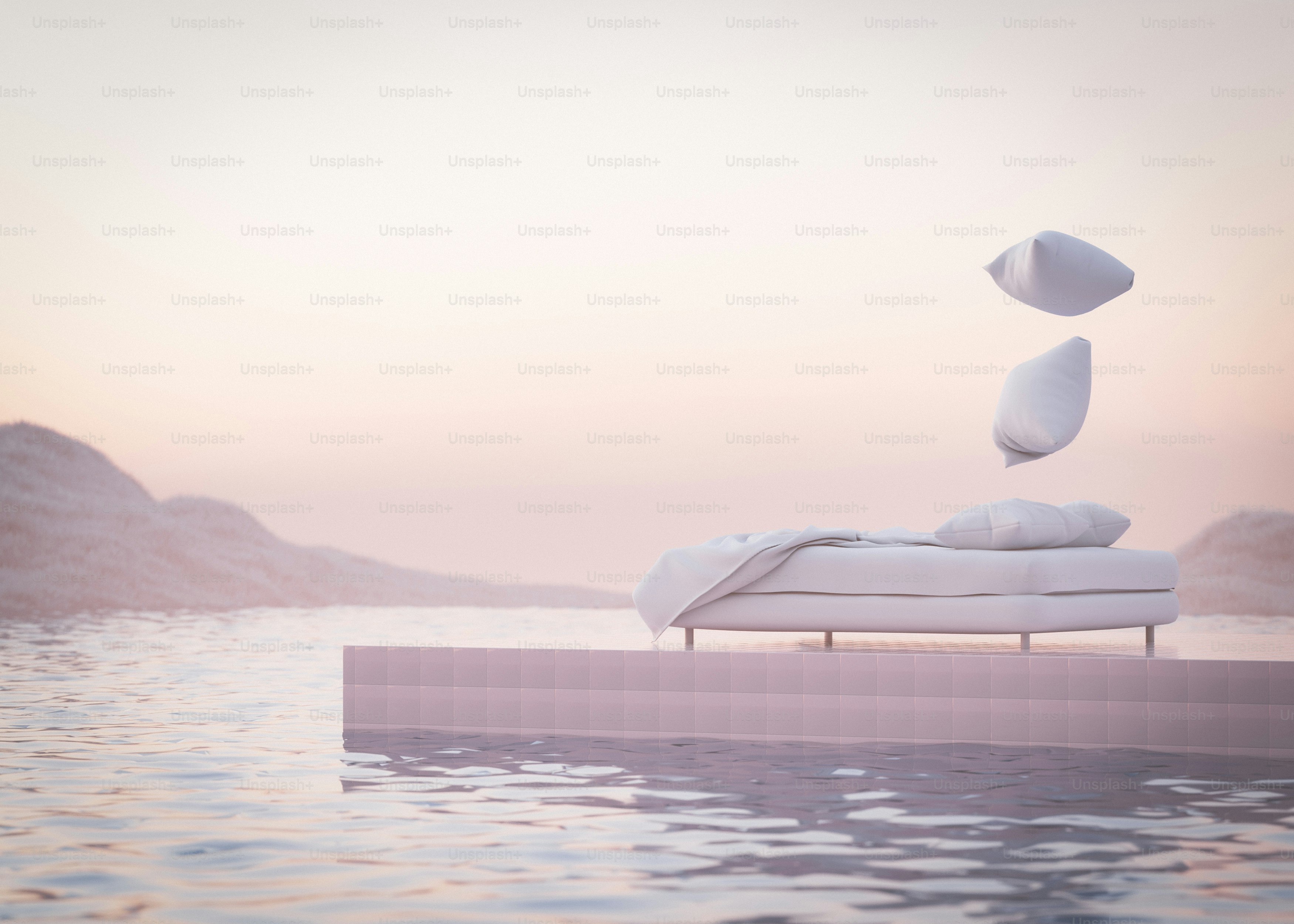 A floating bed in the middle of a body of water