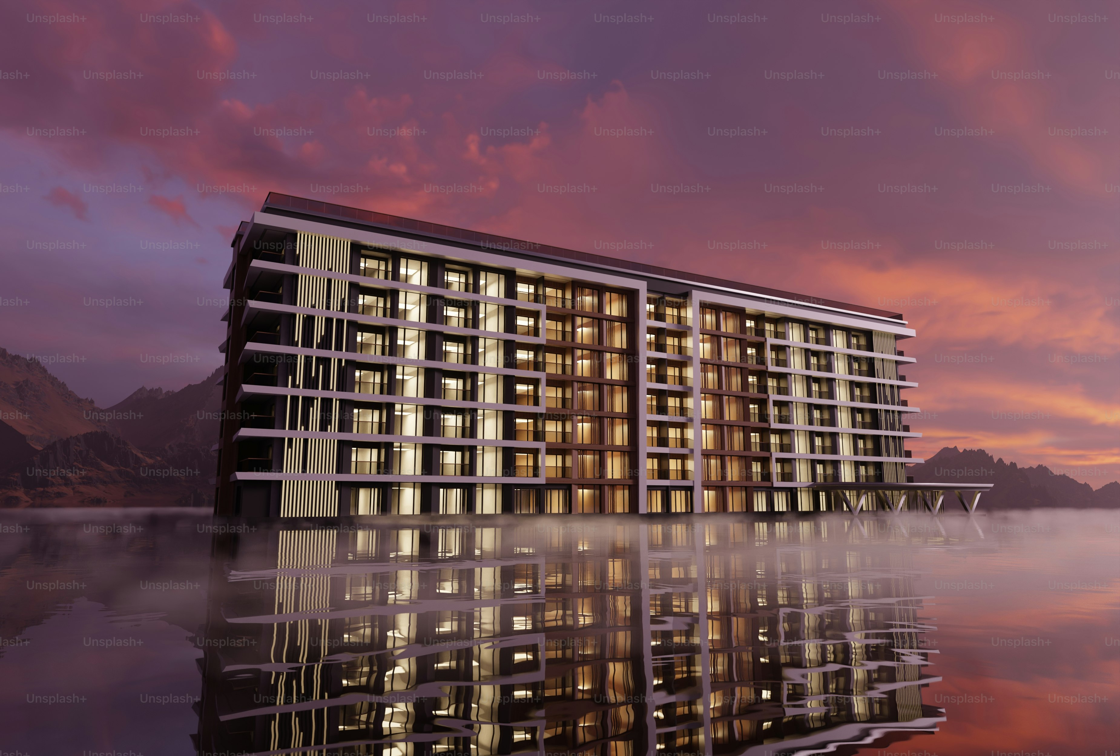 Un gran edificio asentado sobre un cuerpo de agua