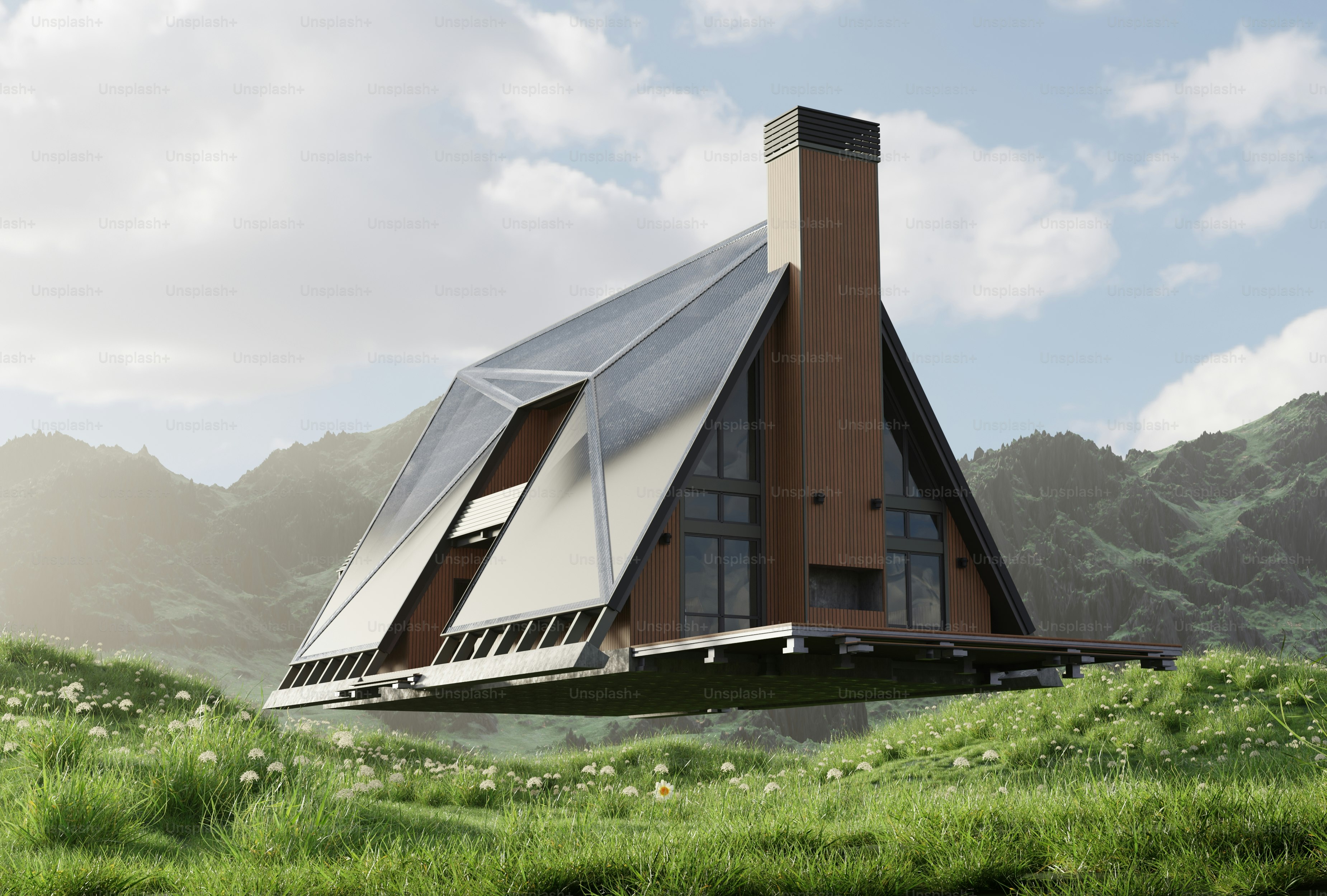 Una casa flotando en el aire sobre un exuberante campo verde