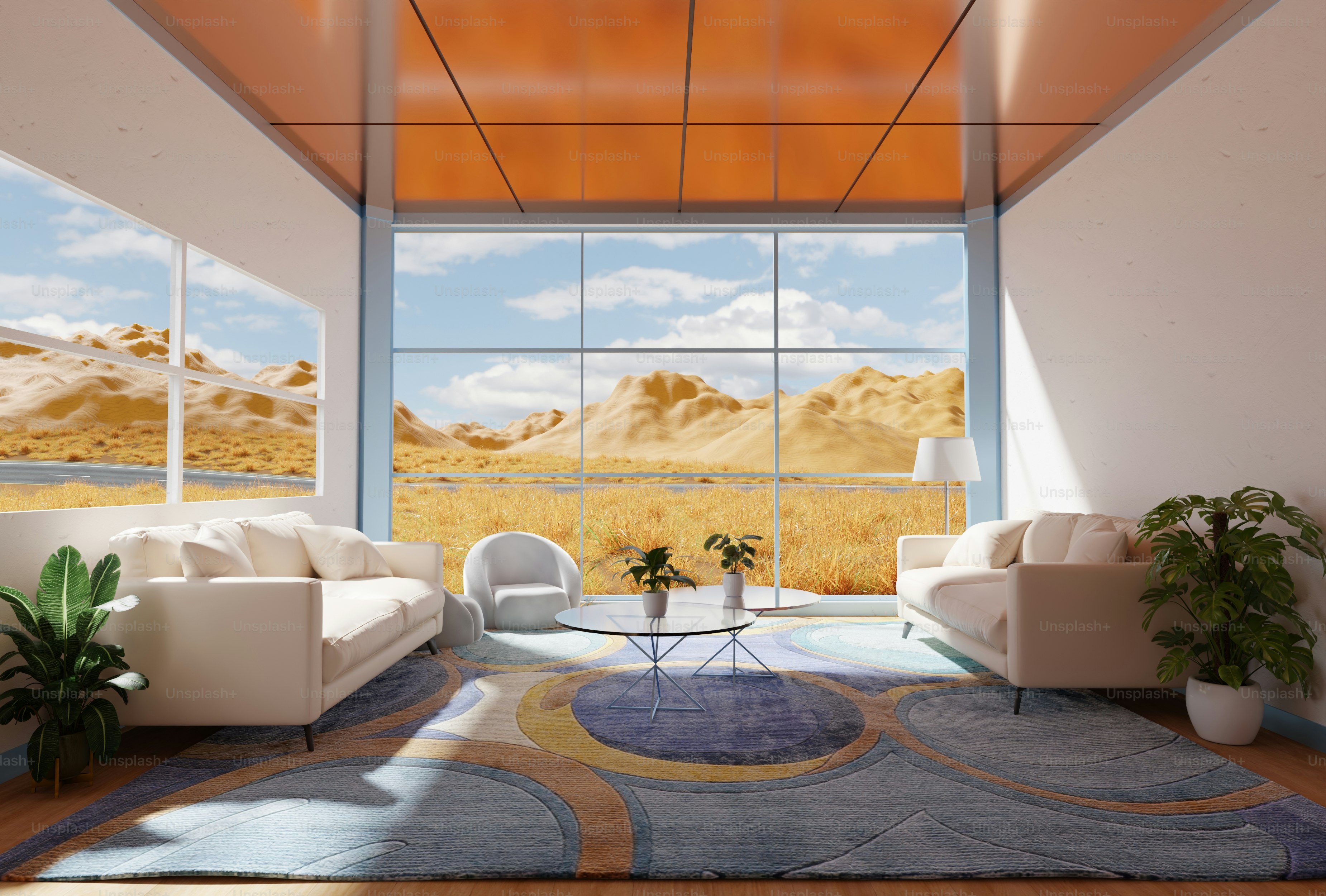 Una sala de estar con un gran ventanal y una alfombra en el suelo