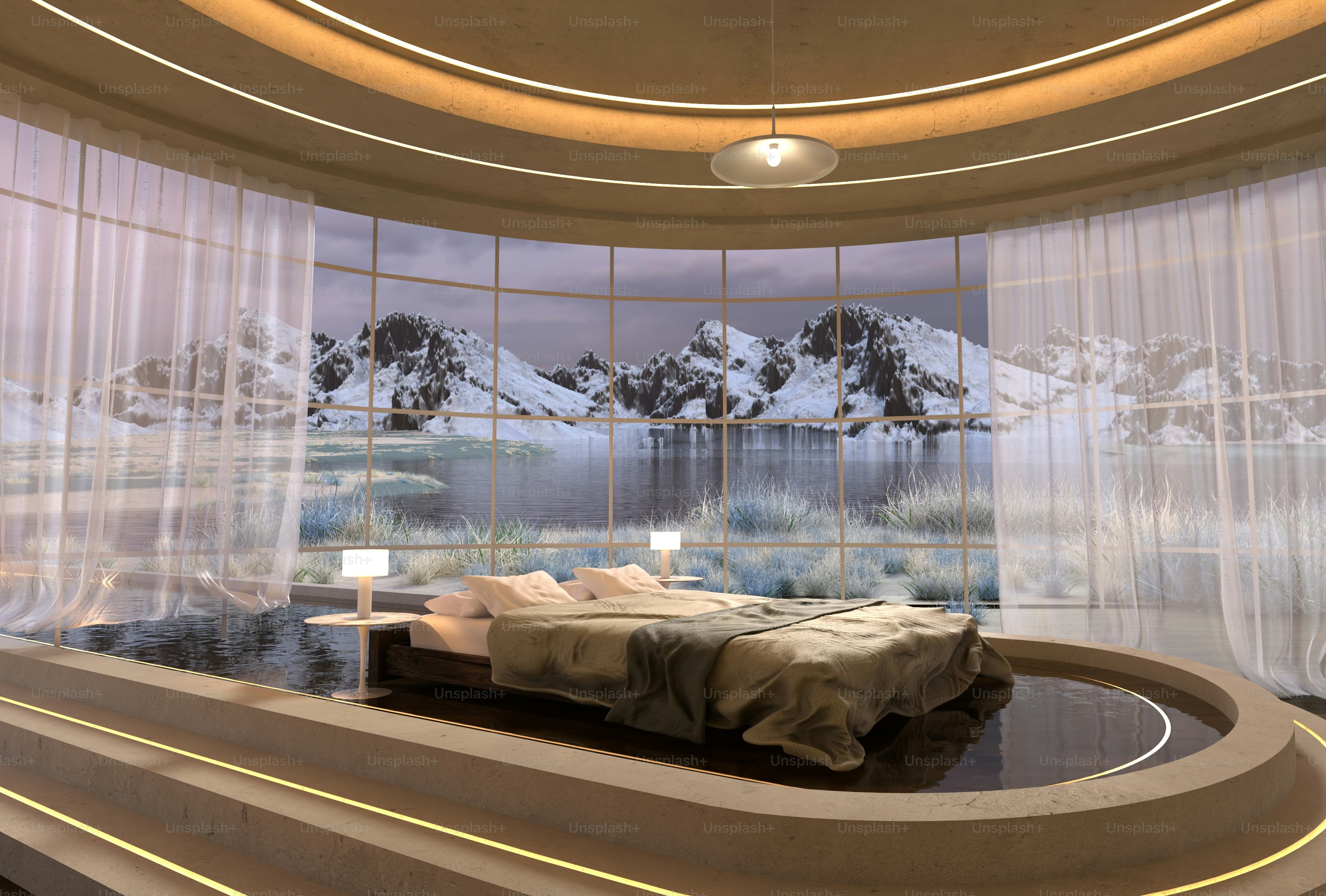 Una habitación con una cama y un gran ventanal