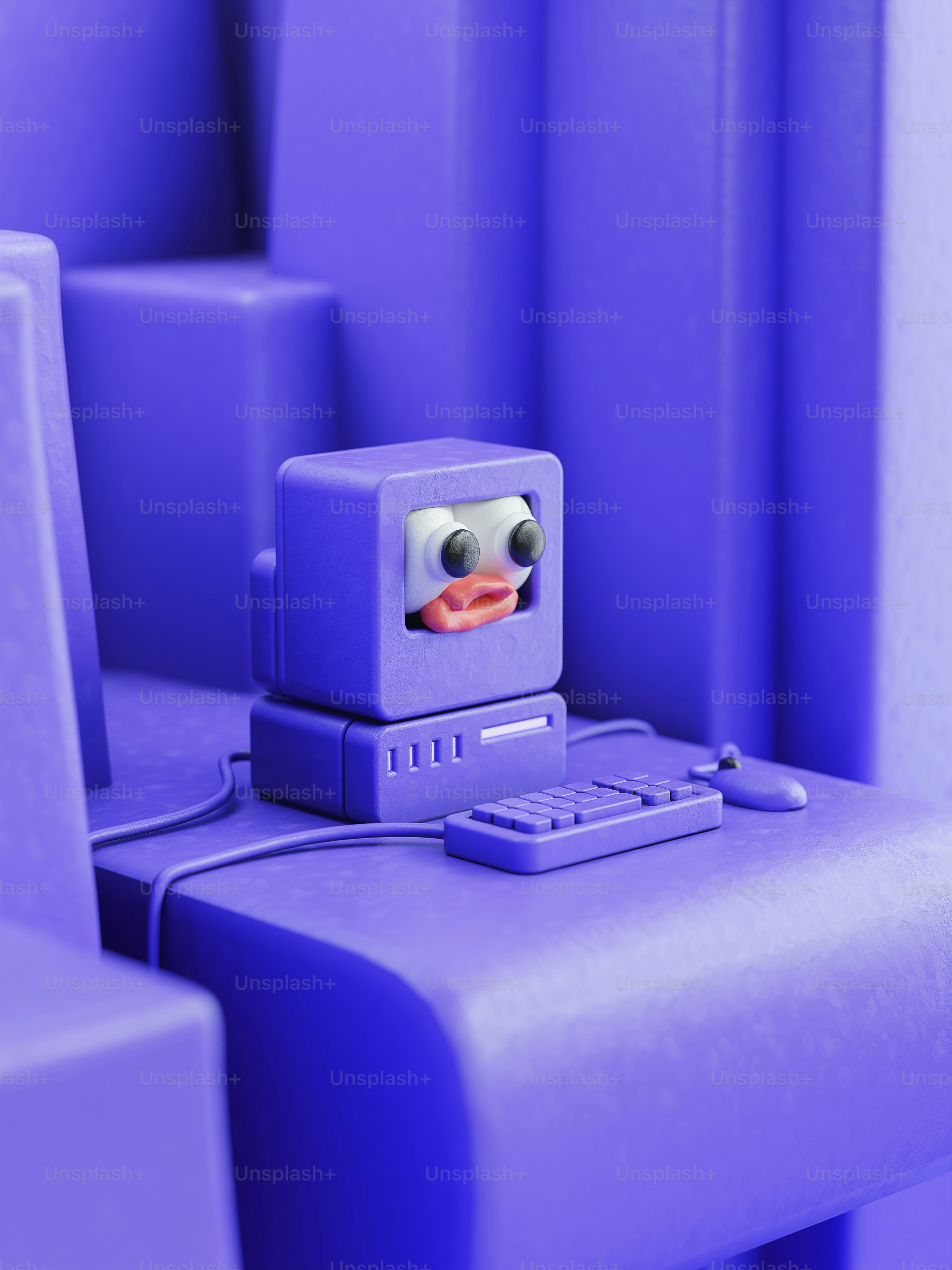 A small robot sitting on top of a purple chair