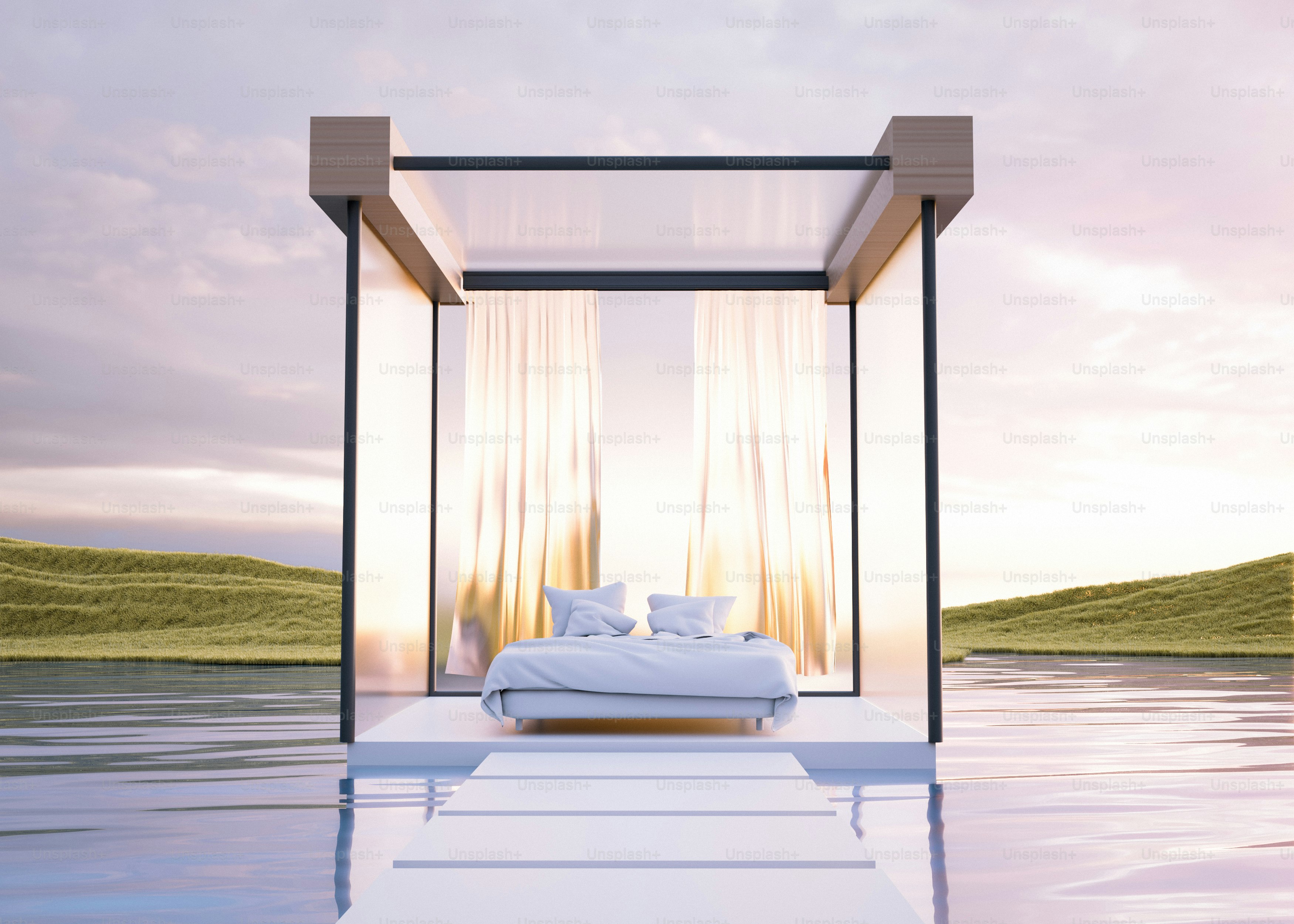 A bed sitting in the middle of a body of water