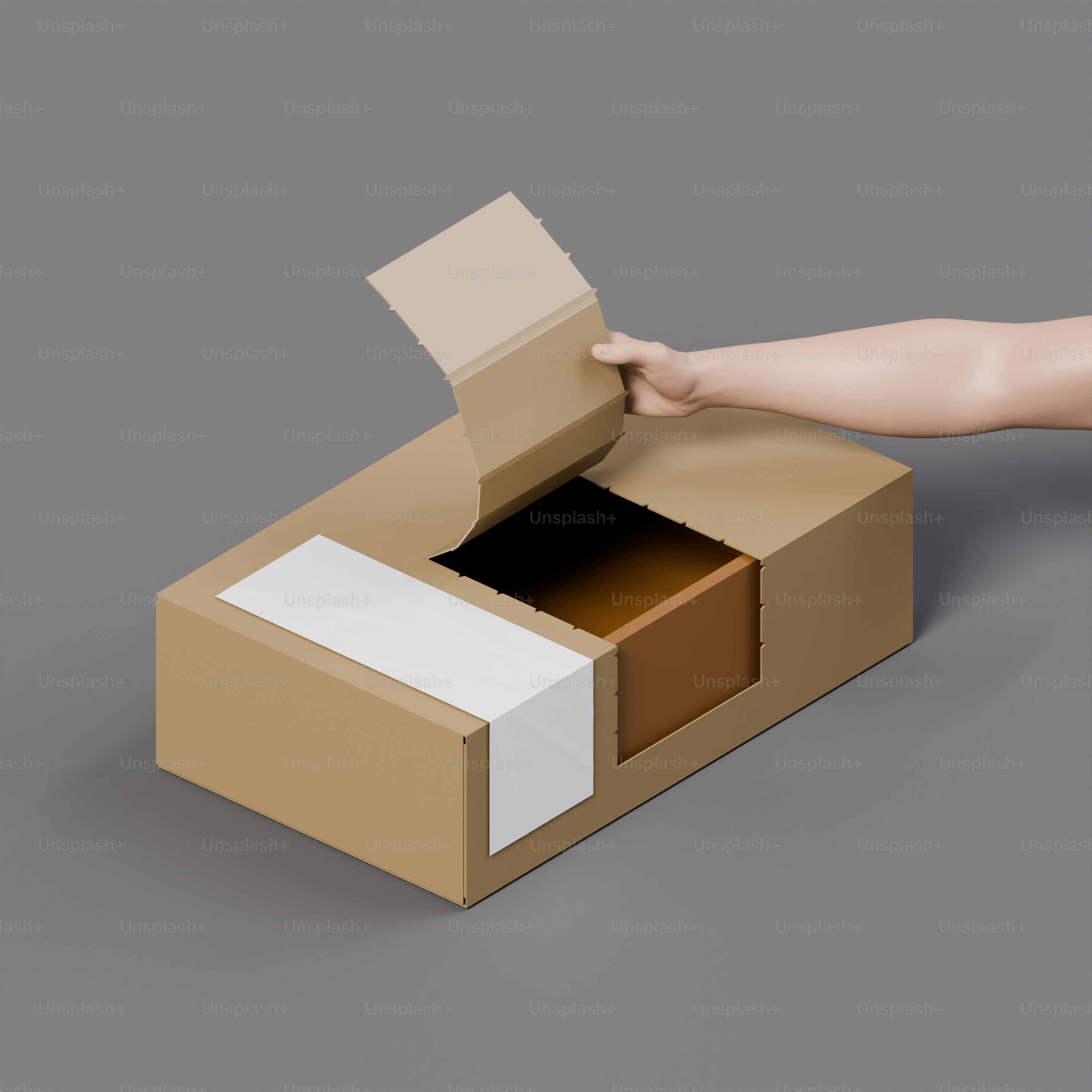 A hand reaching into a cardboard box with a piece of paper sticking out of it