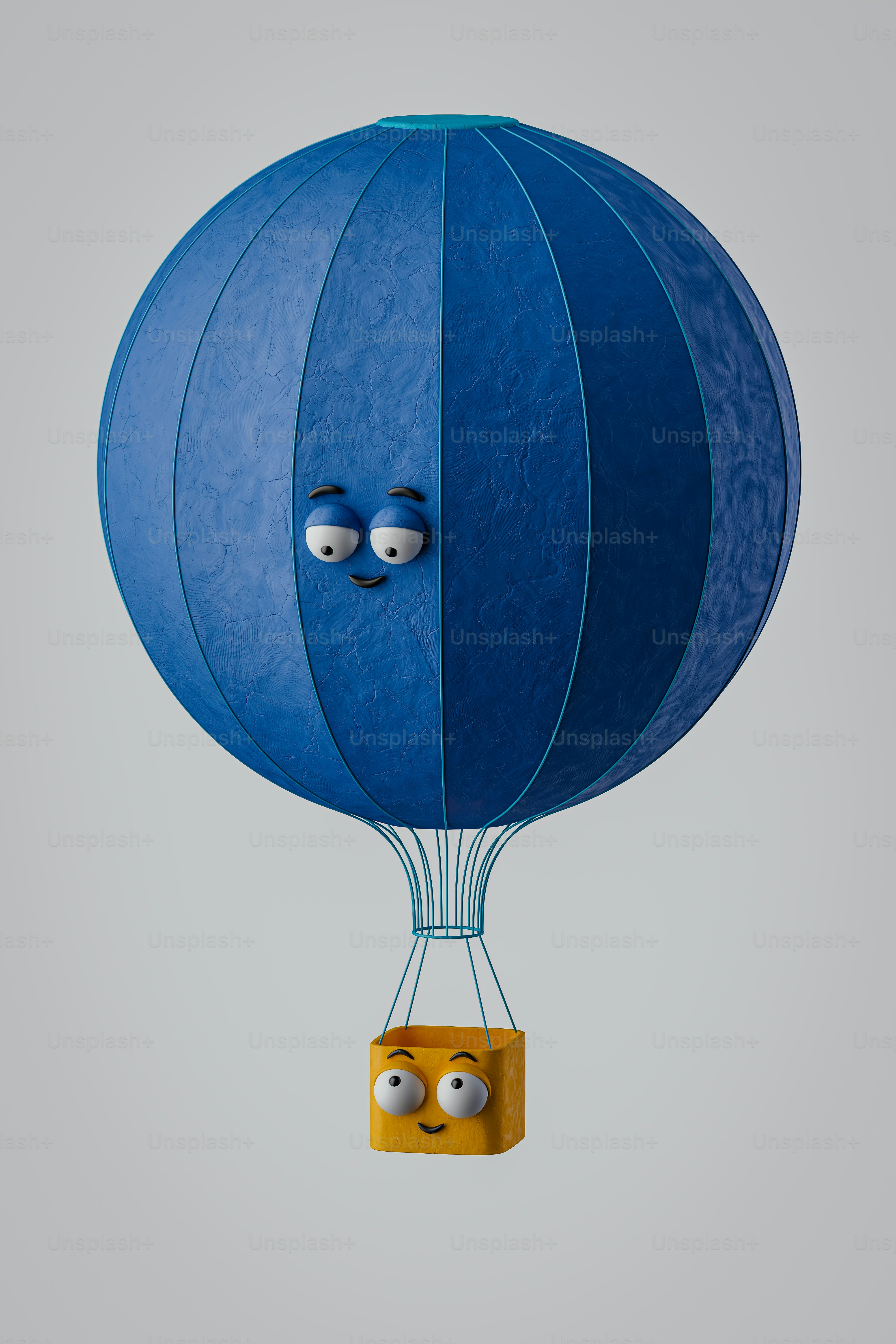 Ein blau-gelber Heißluftballon mit Augen