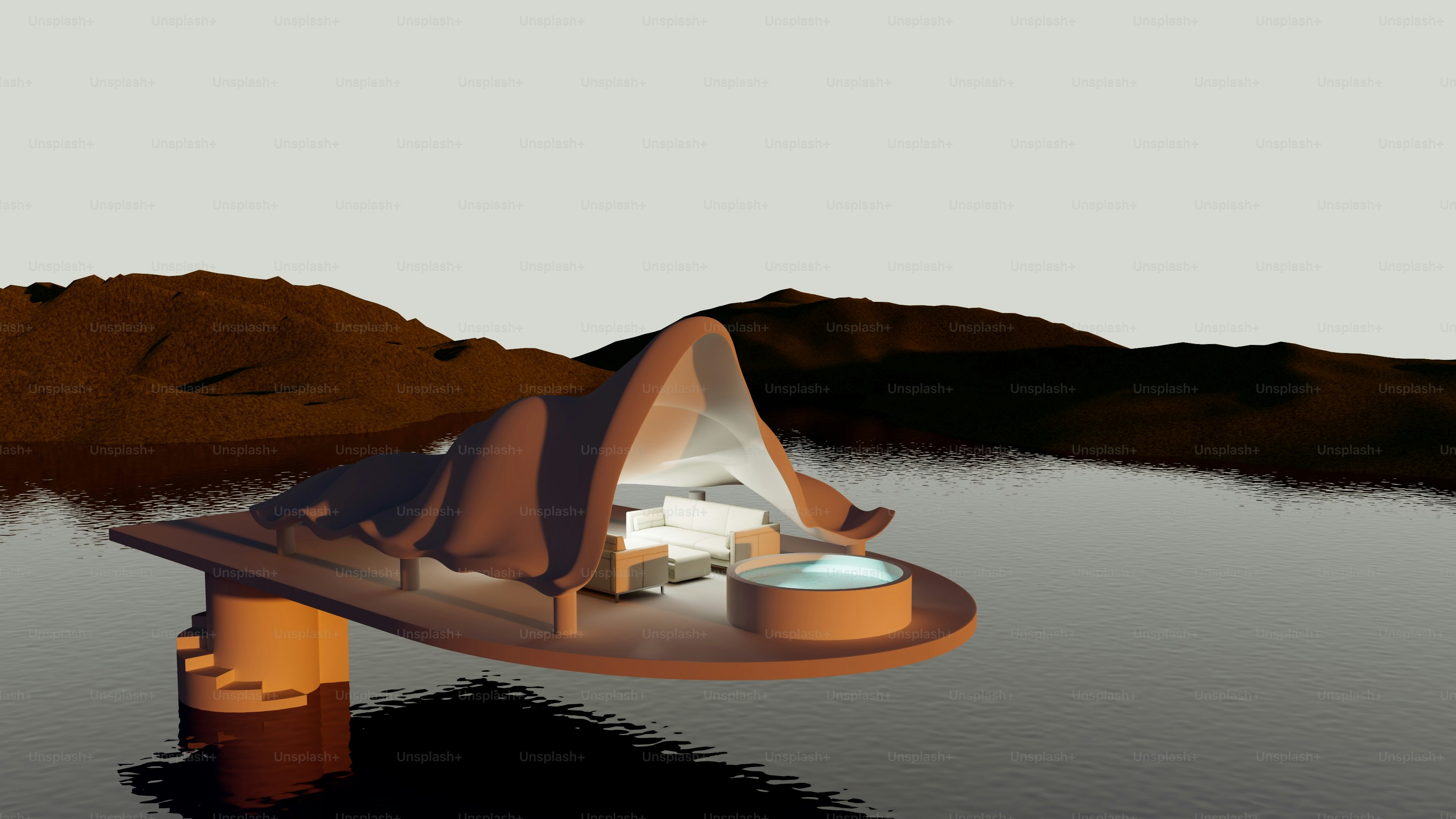 A computer generated image of a tent on a lake