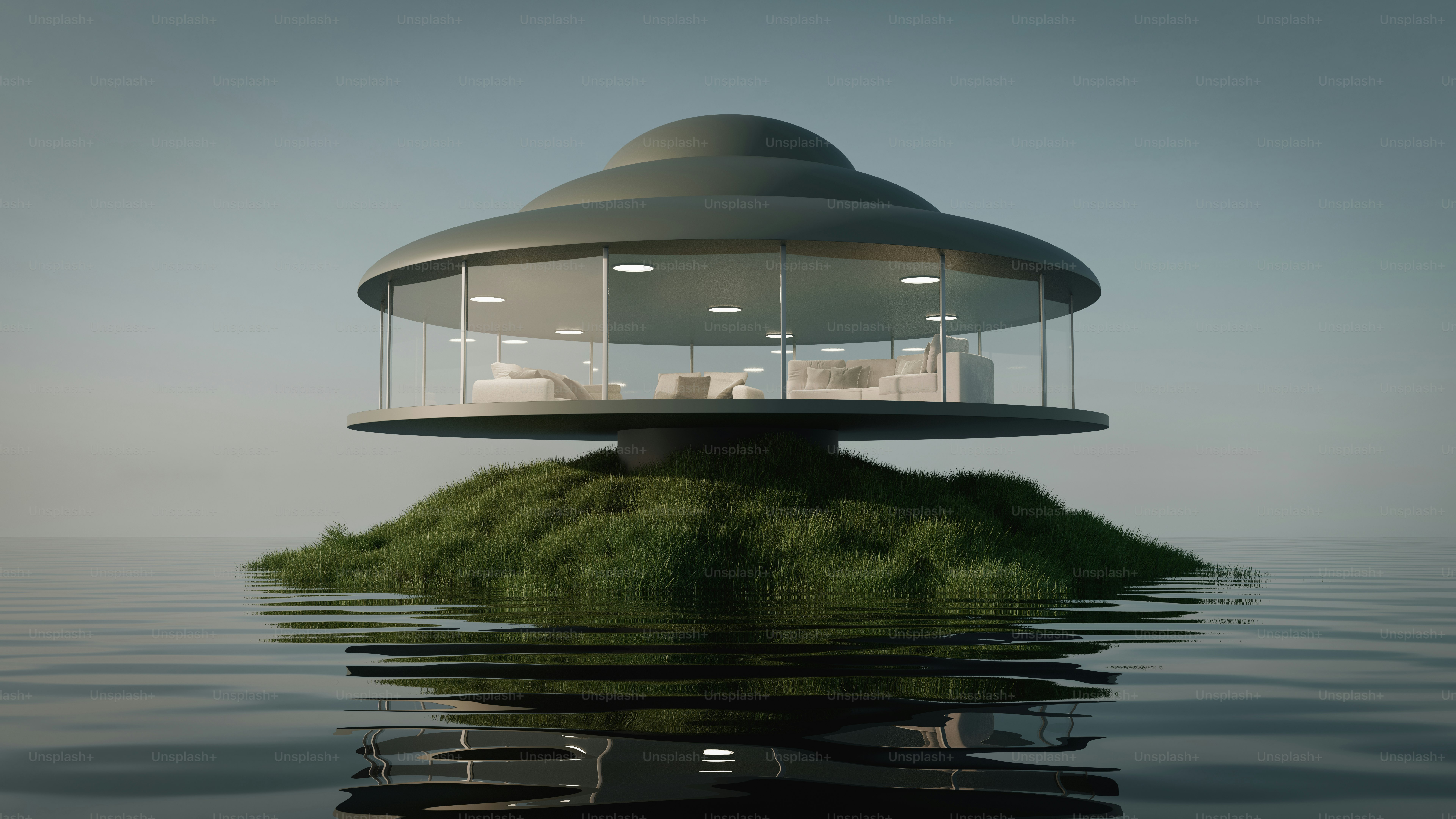 A floating house on a small island in the middle of the ocean