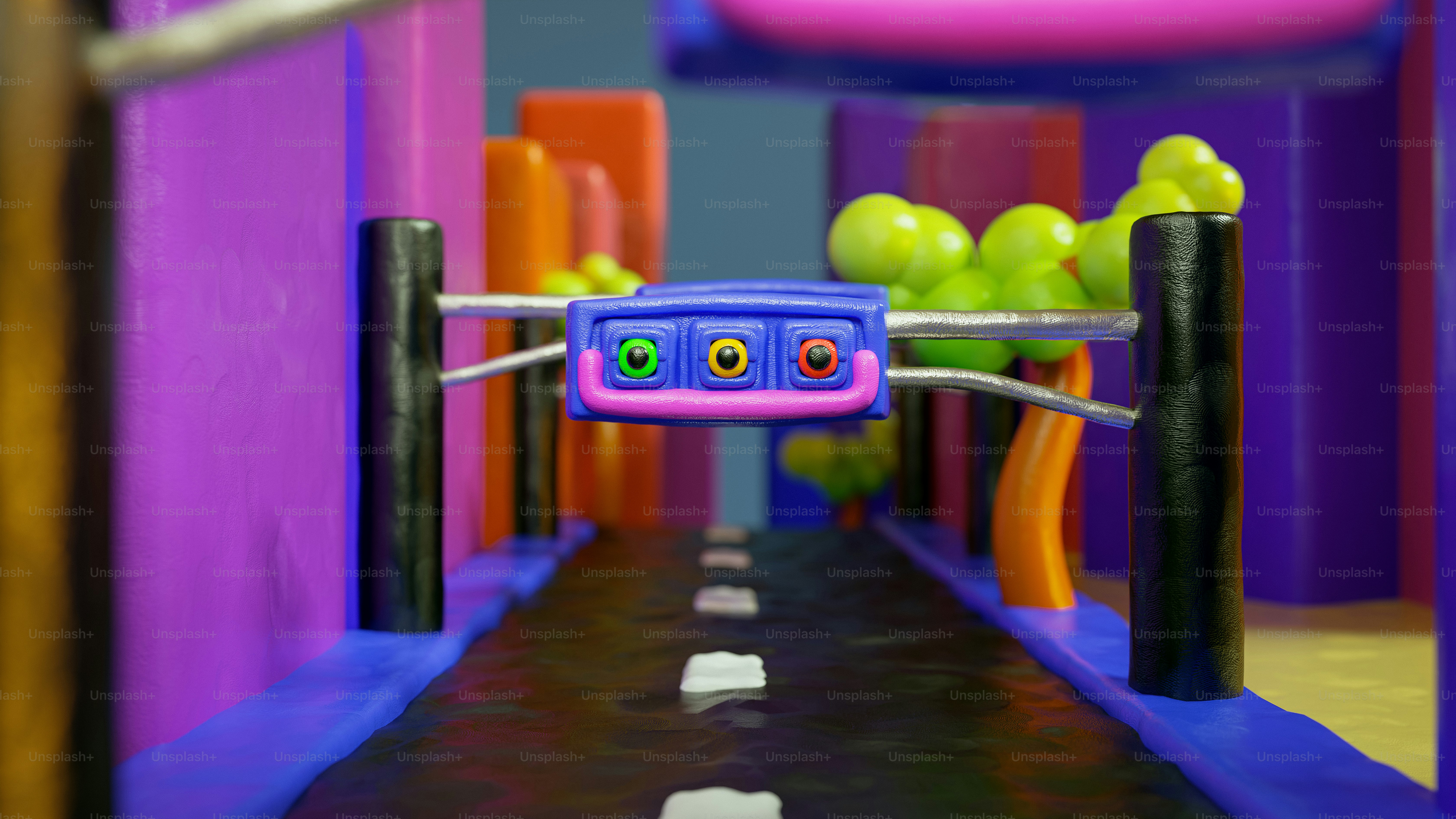 A toy car driving down a toy track