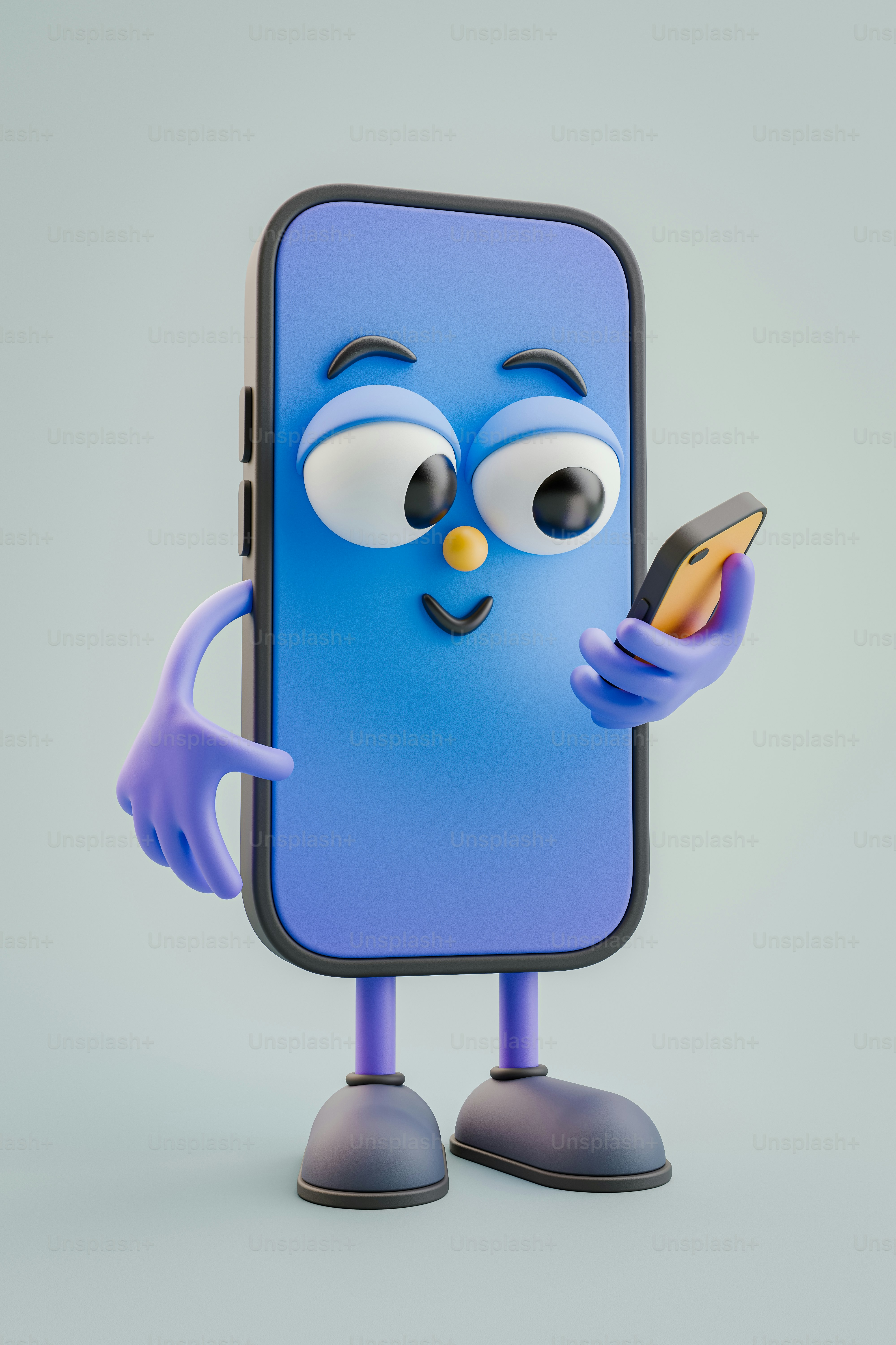 Ein Cartoon-Handy mit einem Smartphone in der Hand