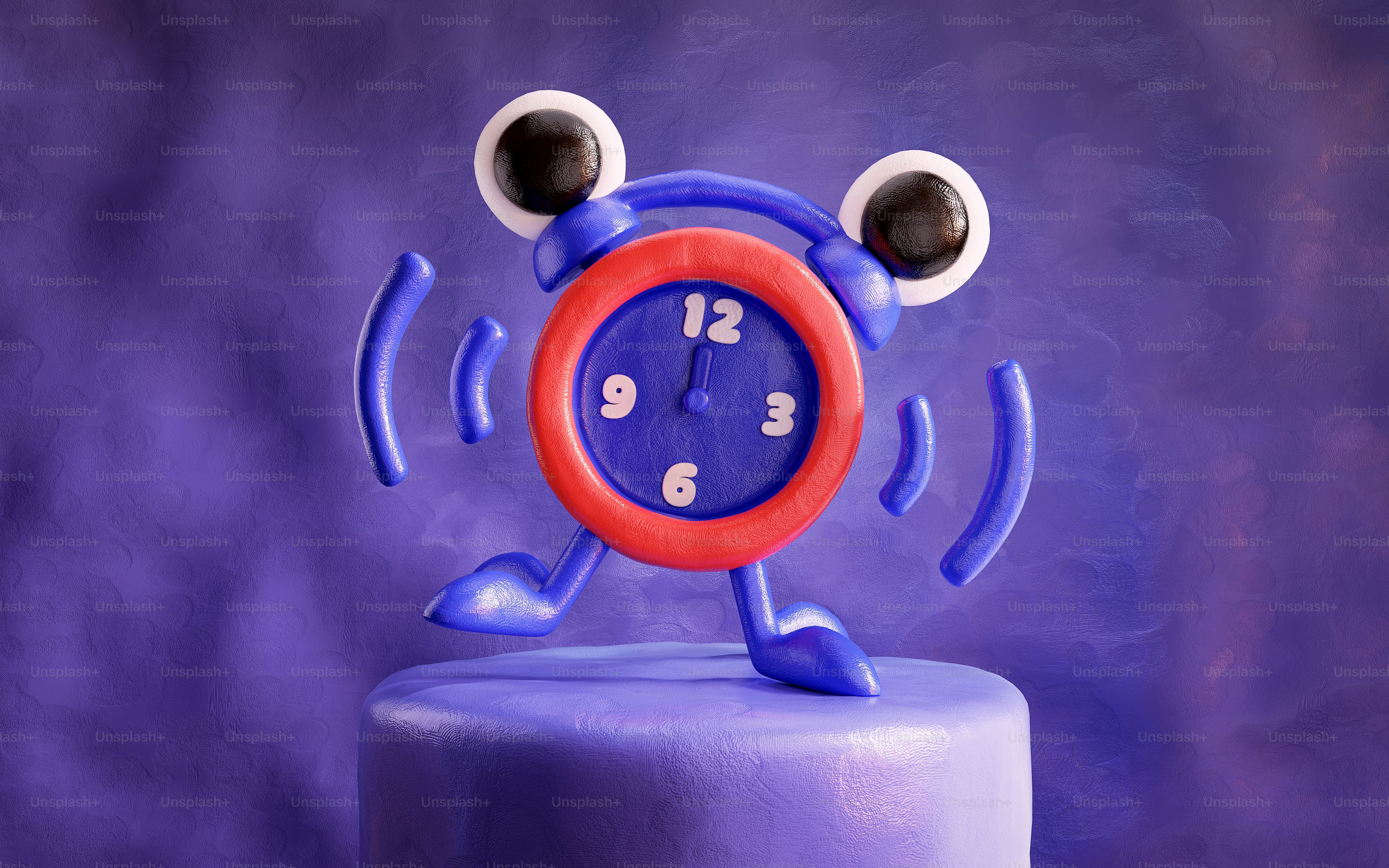 A lively 3D cartoon alarm clock buzzing loudly, full of adorable chaos.