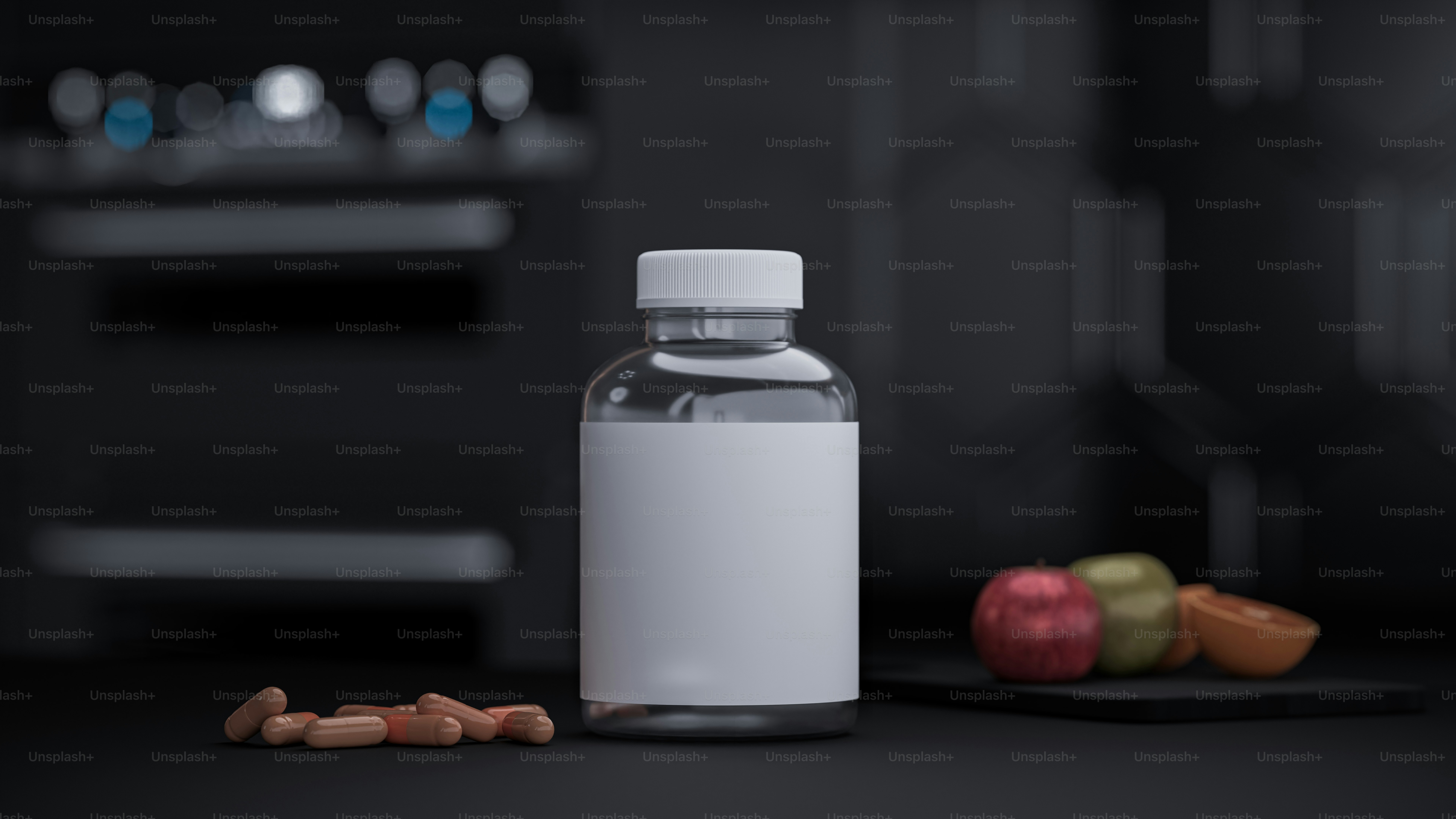 A bottle of pills sitting on a table next to a plate of pills