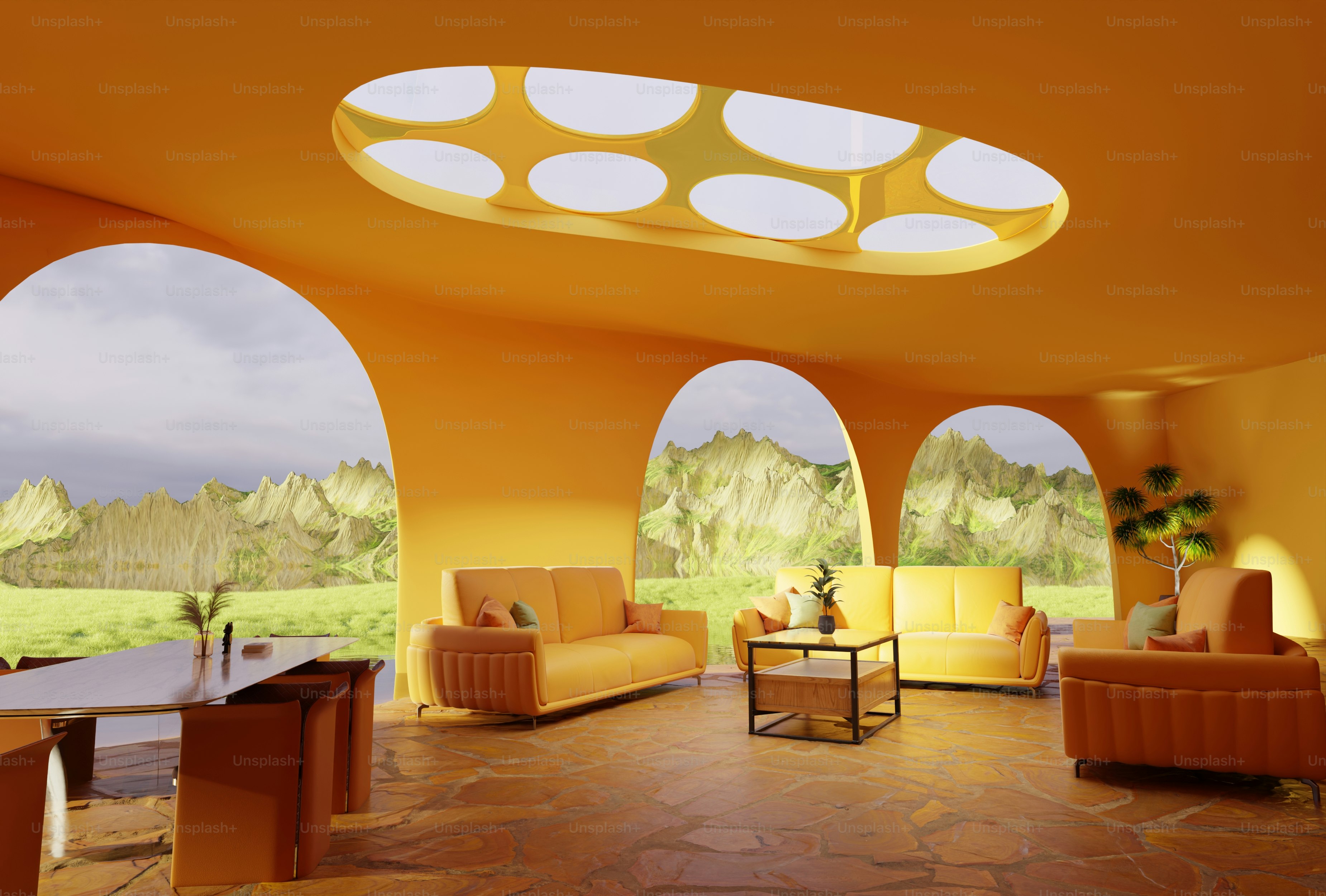 A living room with a lot of windows and furniture