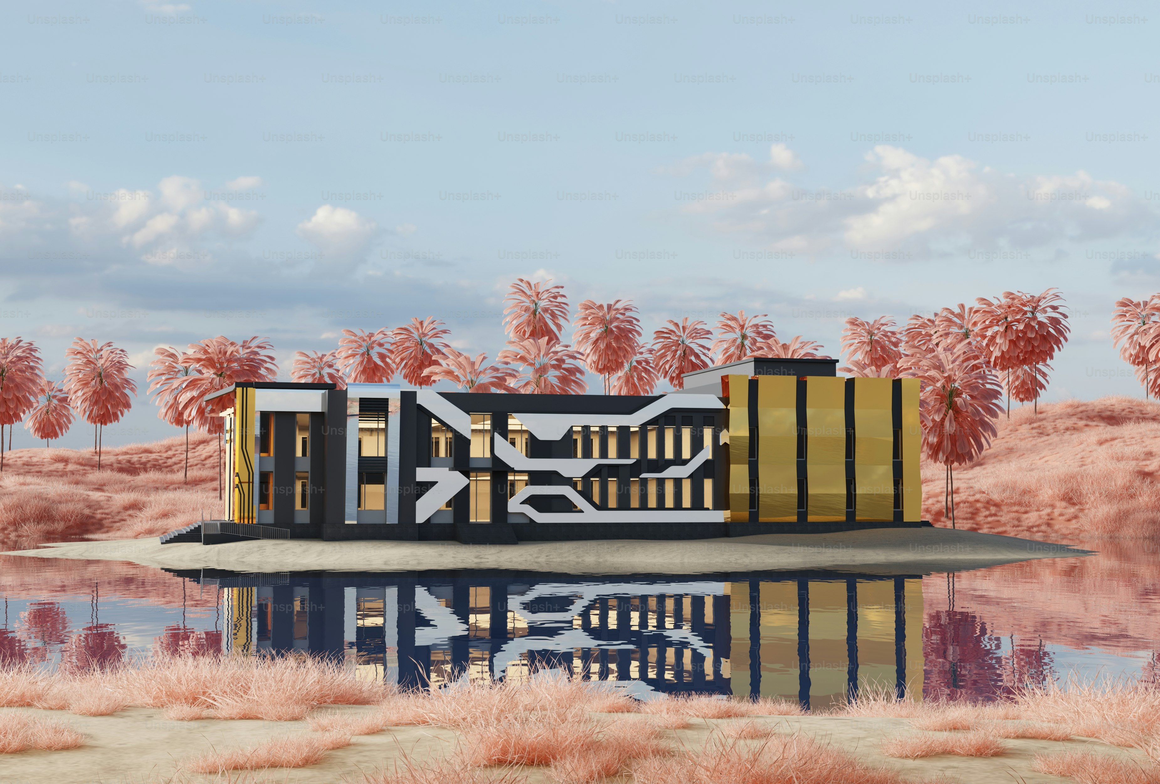 A painting of a building with a reflection in the water