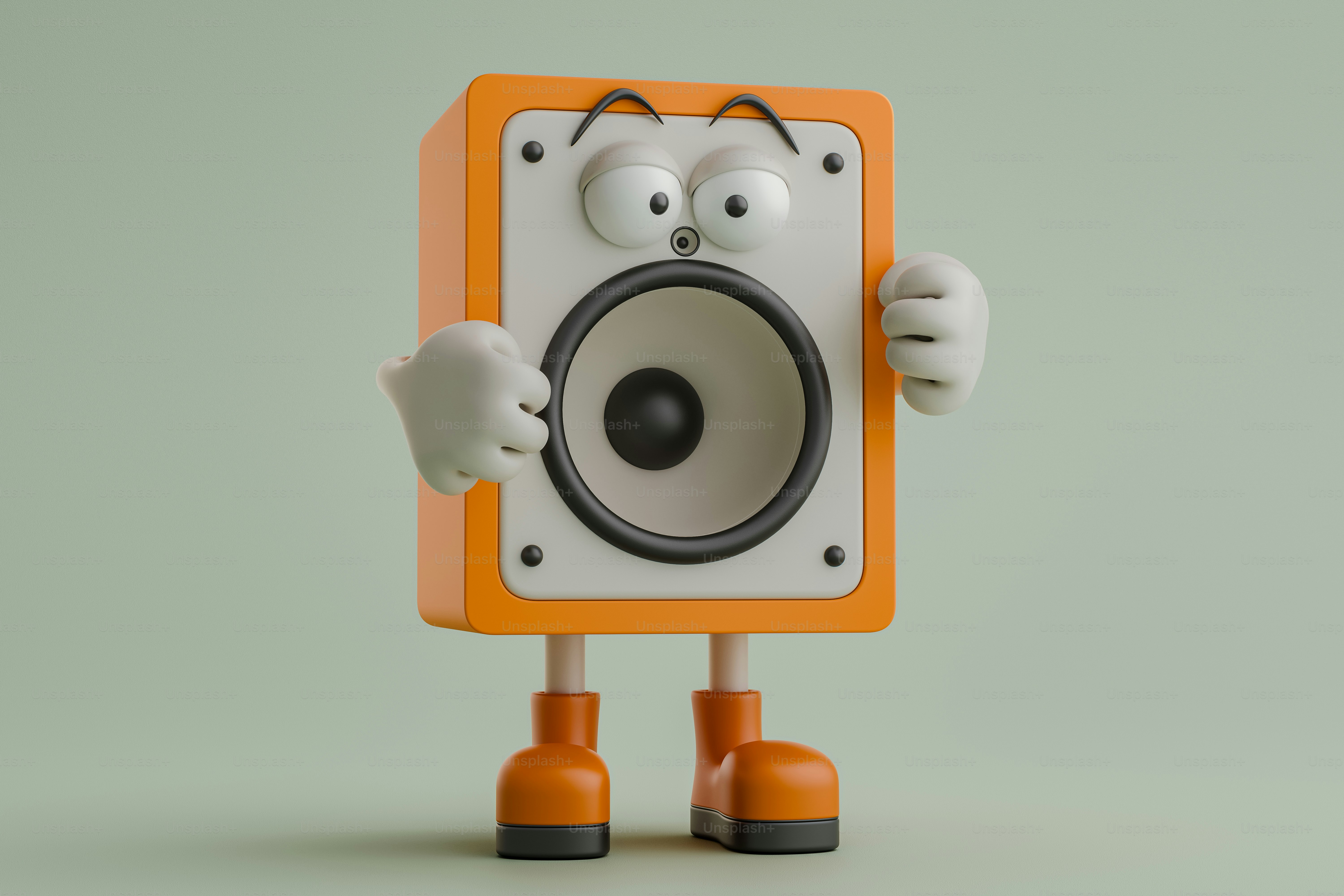 An orange and white speaker with eyes and hands