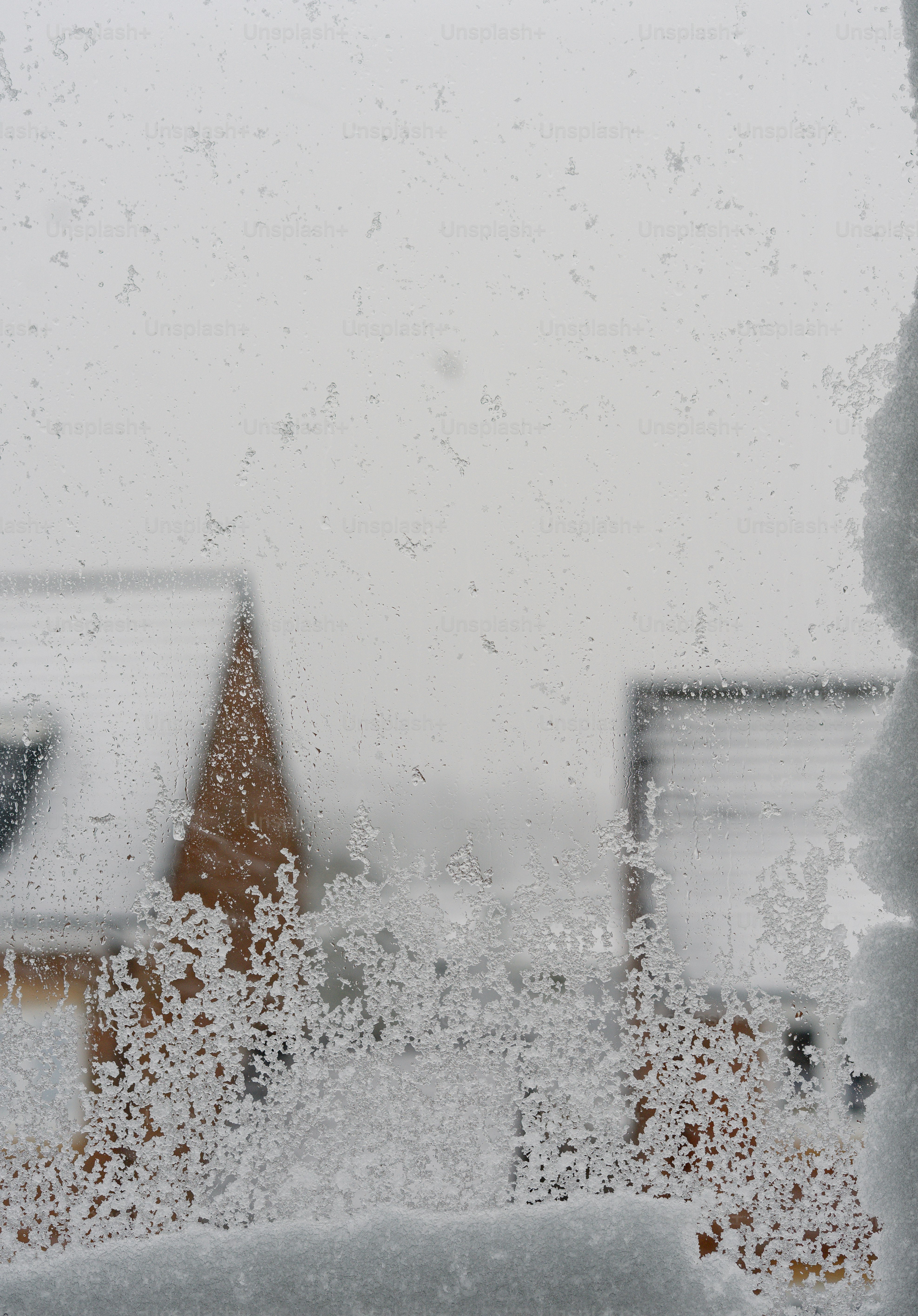 A view of a snow covered street through a window