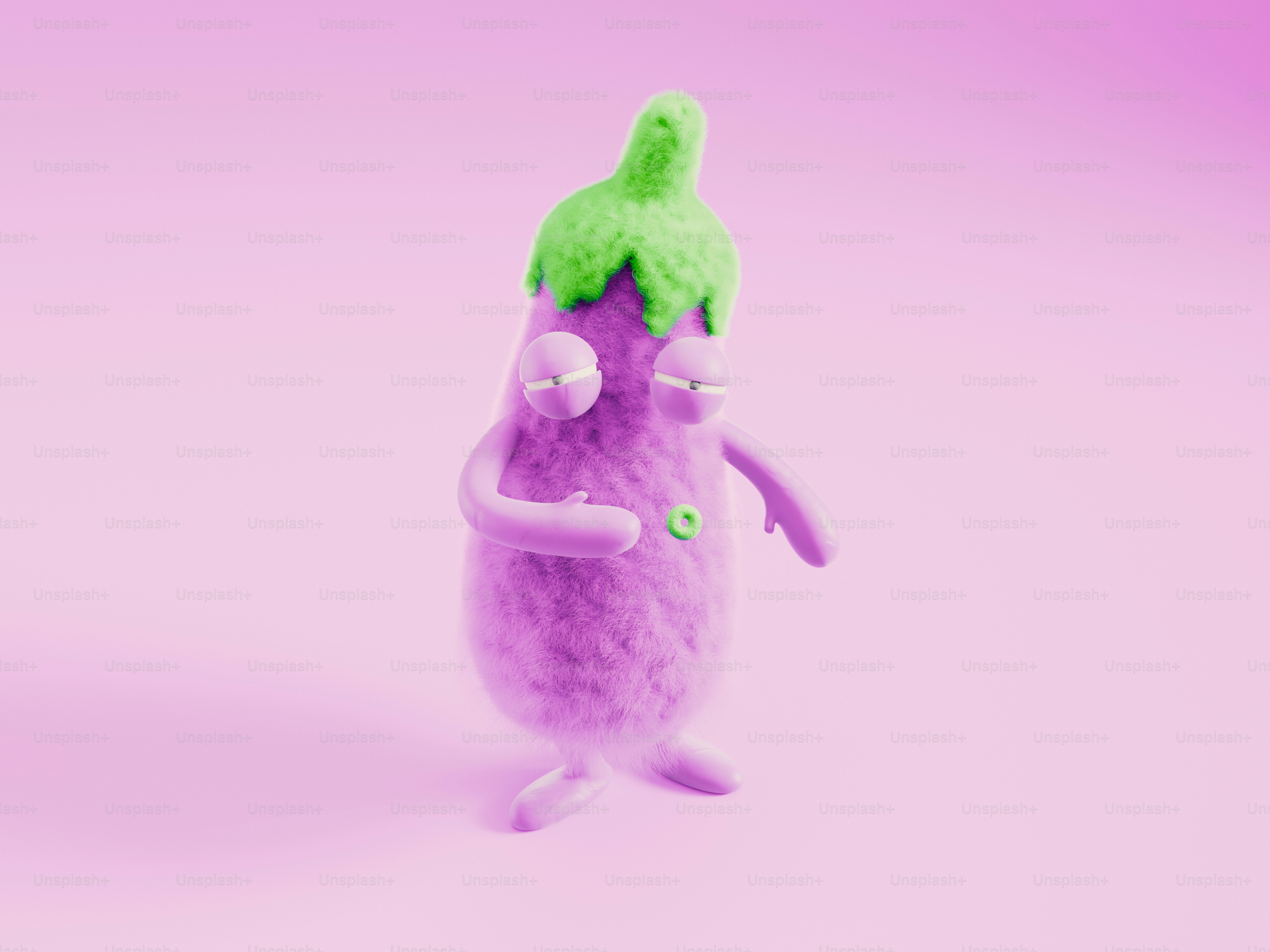 A purple and green stuffed animal on a pink background