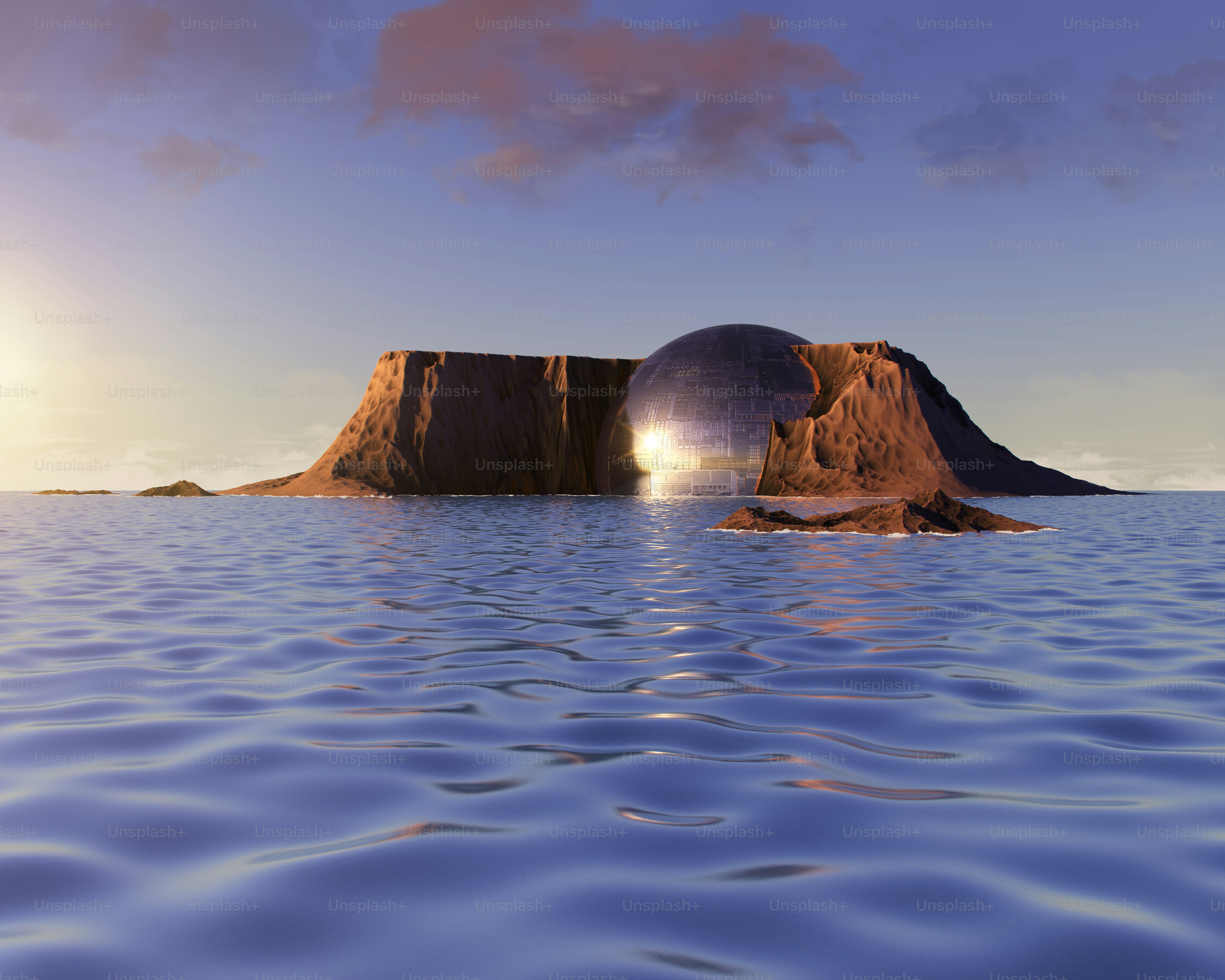 A computer generated image of an island in the middle of the ocean