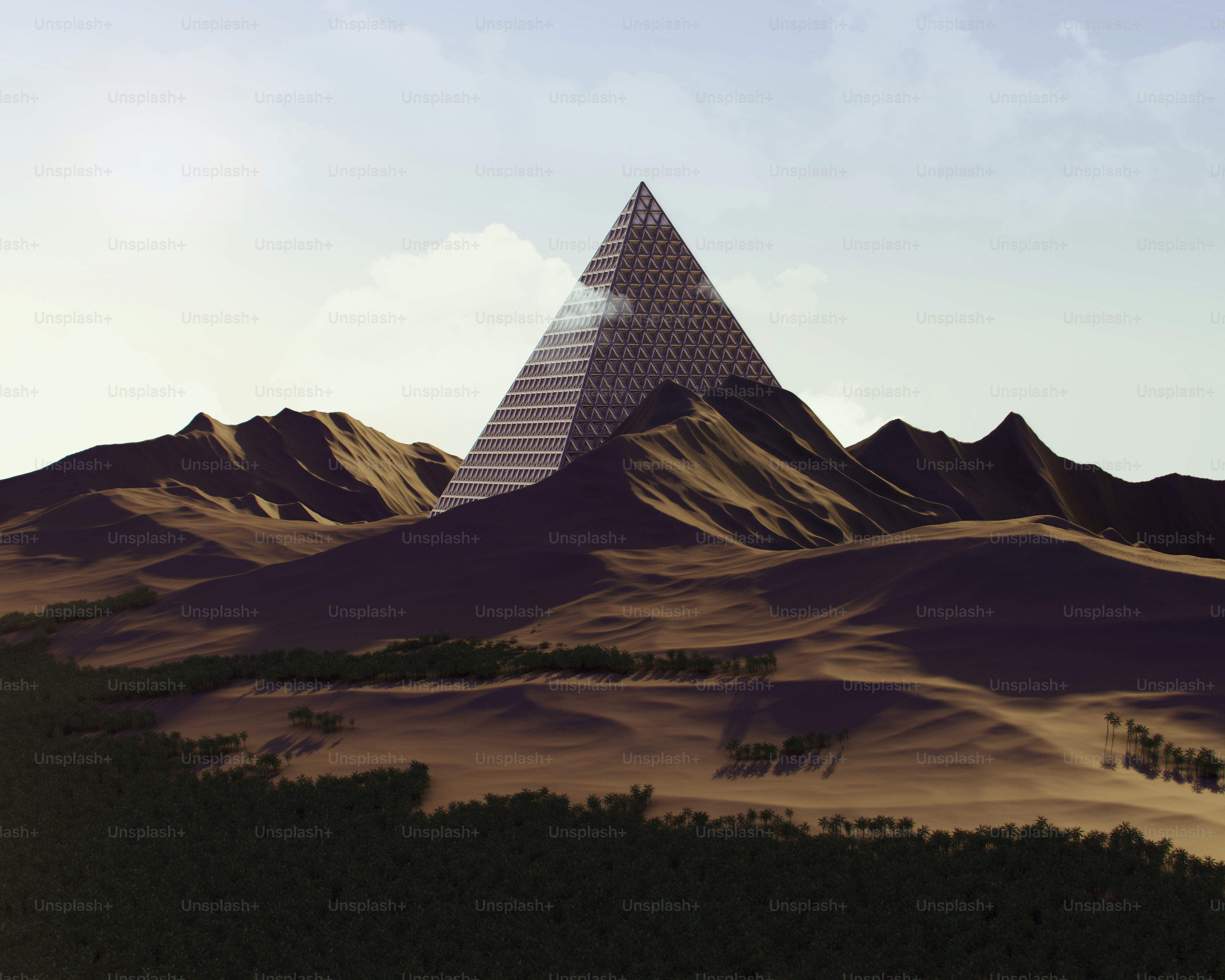 A computer generated image of a pyramid in the desert